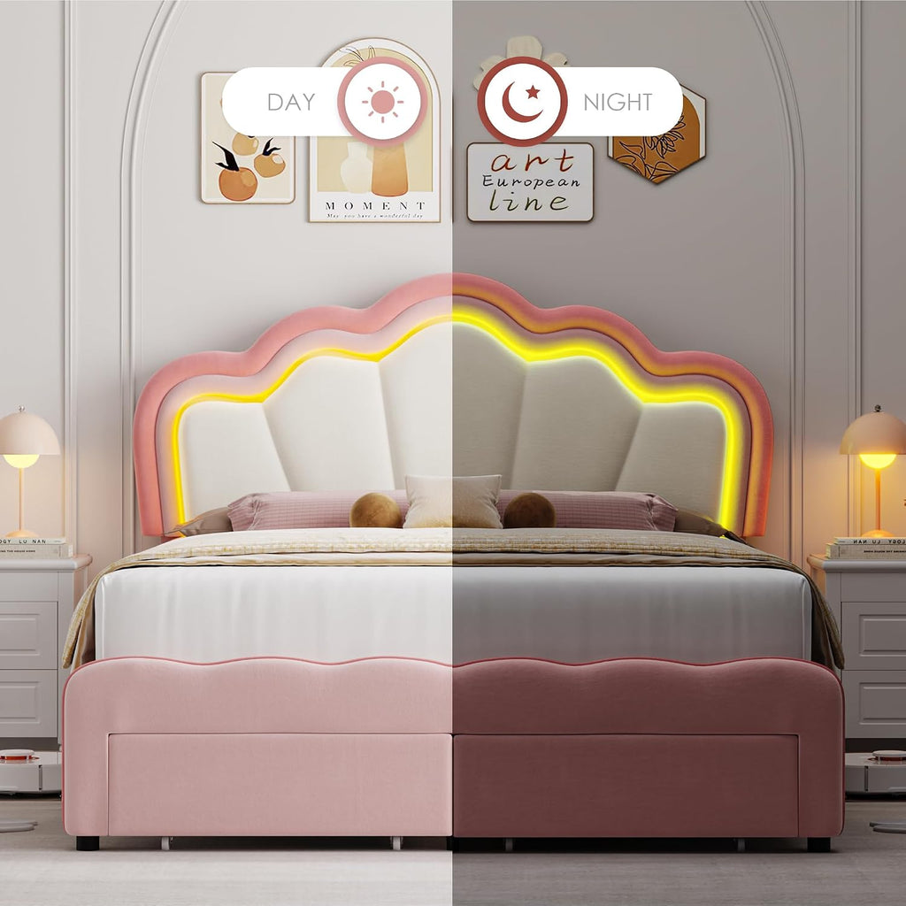 HOSTACK Queen Upholstered LED Bed Frame with Storage Drawers, Cute Girls Bed with Adjustable Lotus Headboard, Velvet Princess Platform Bed Frame, Wooden Slats Support, No Box Spring Needed, Pink/Beige