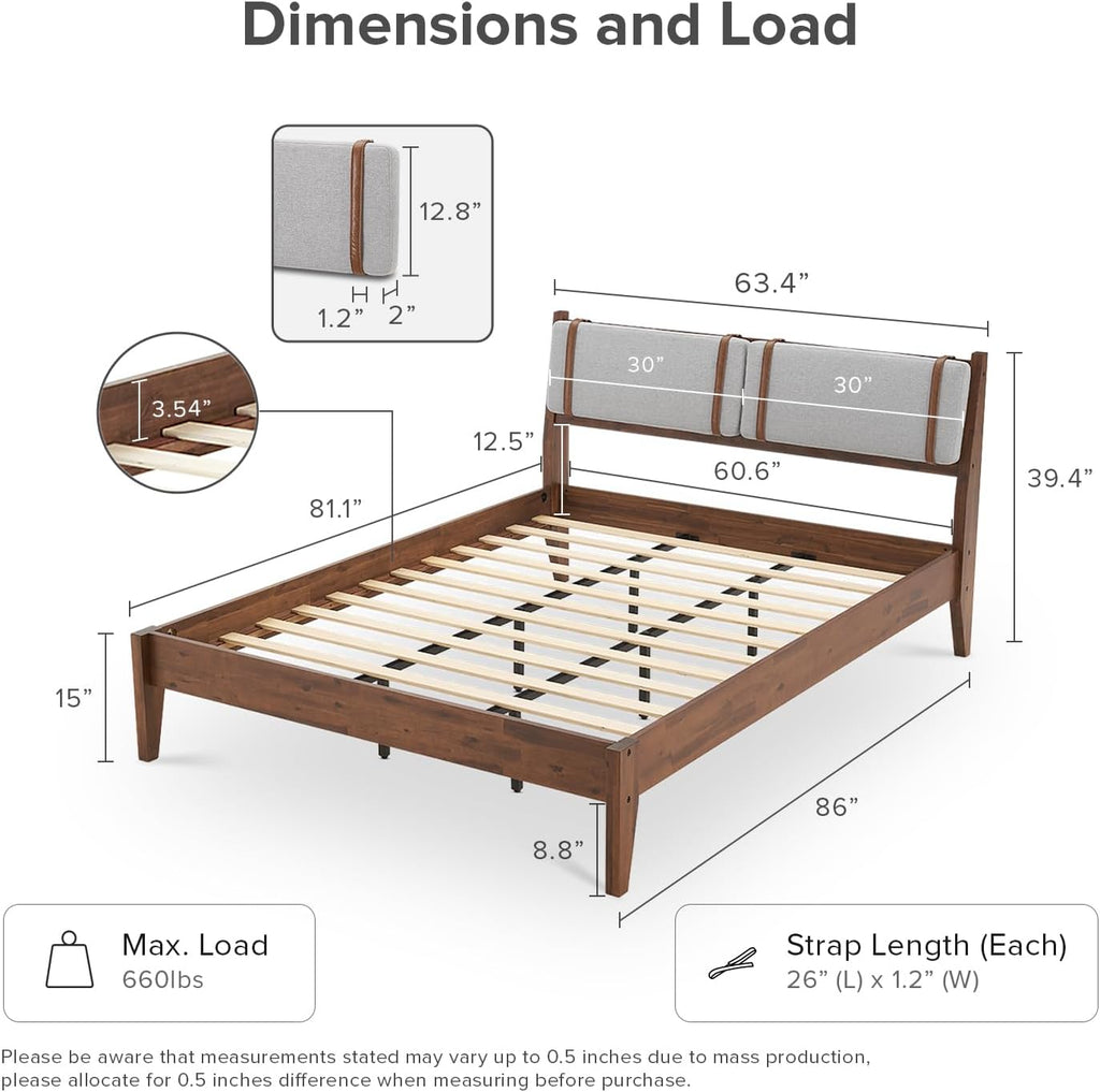 mopio Ted Bed Frame with Headboard, Mid Century Modern Acacia Solid Wood Platform Bed Frame, Wooden Slats, No Box Spring, Double Metal Bar Support (Solid Wood Upholstered, Queen (U.S. Standard))