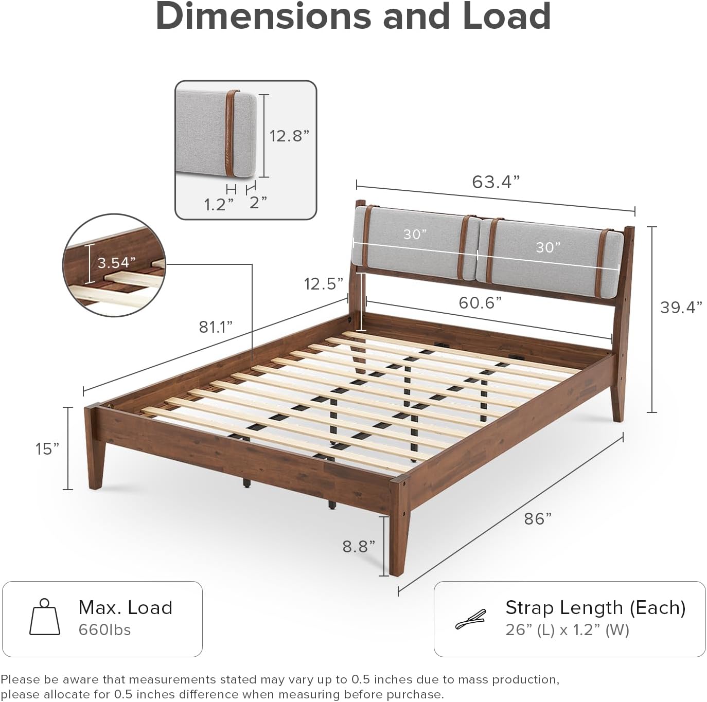 mopio Ted Bed Frame with Headboard, Mid Century Modern Acacia Solid Wood Platform Bed Frame, Wooden Slats, No Box Spring, Double Metal Bar Support (Solid Wood Upholstered, Queen (U.S. Standard))