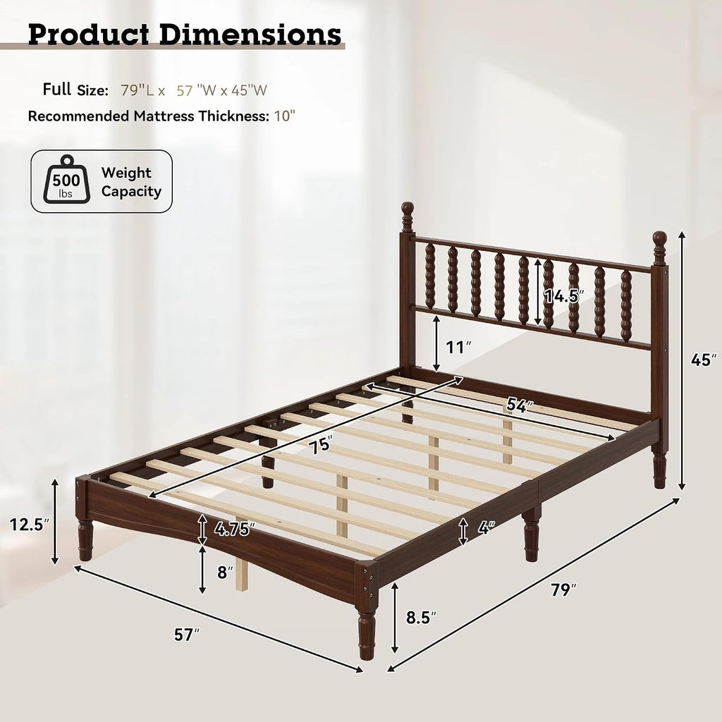 Walnut Wood Bed Frame Full Size with Spindle Headboard, Full Platform Bed with Wooden Slat Support, Retro Style Spindle Beds for Boys Girls Kids Adults Toddler, Easy Assembly