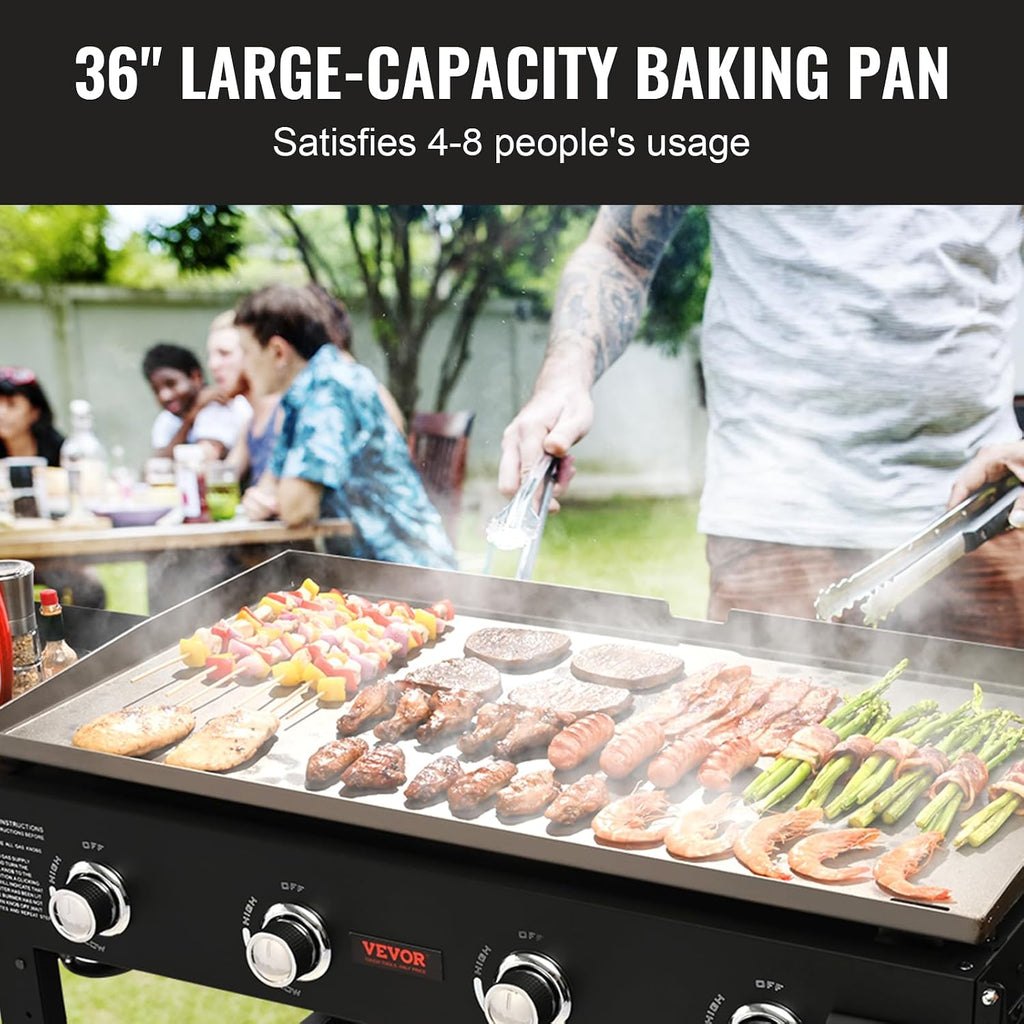 Propane Griddle on Cart, 36' Heavy Duty Manual Flat Top Griddle, Outdoor Cooking Station with Side Shelves, Steel Propane Gas Griddle, 4-Burners Restaurant Portable Grill - 60,000 BTU