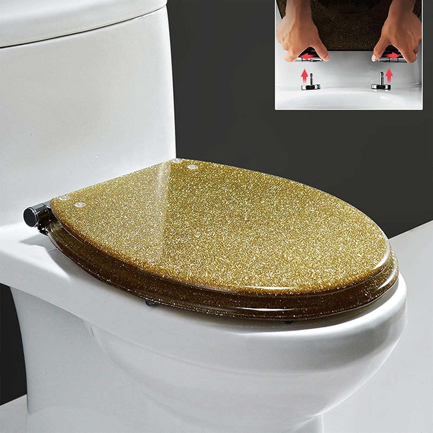 Resin Toilet Seat,Toilet Seat Round Soft Close,Toilet Seats for Standard Toilets, Heavy Duty Glitter Toilet Seat Soft Close with Quick Release, Glitter Cover Acrylic Toilet Seats,E