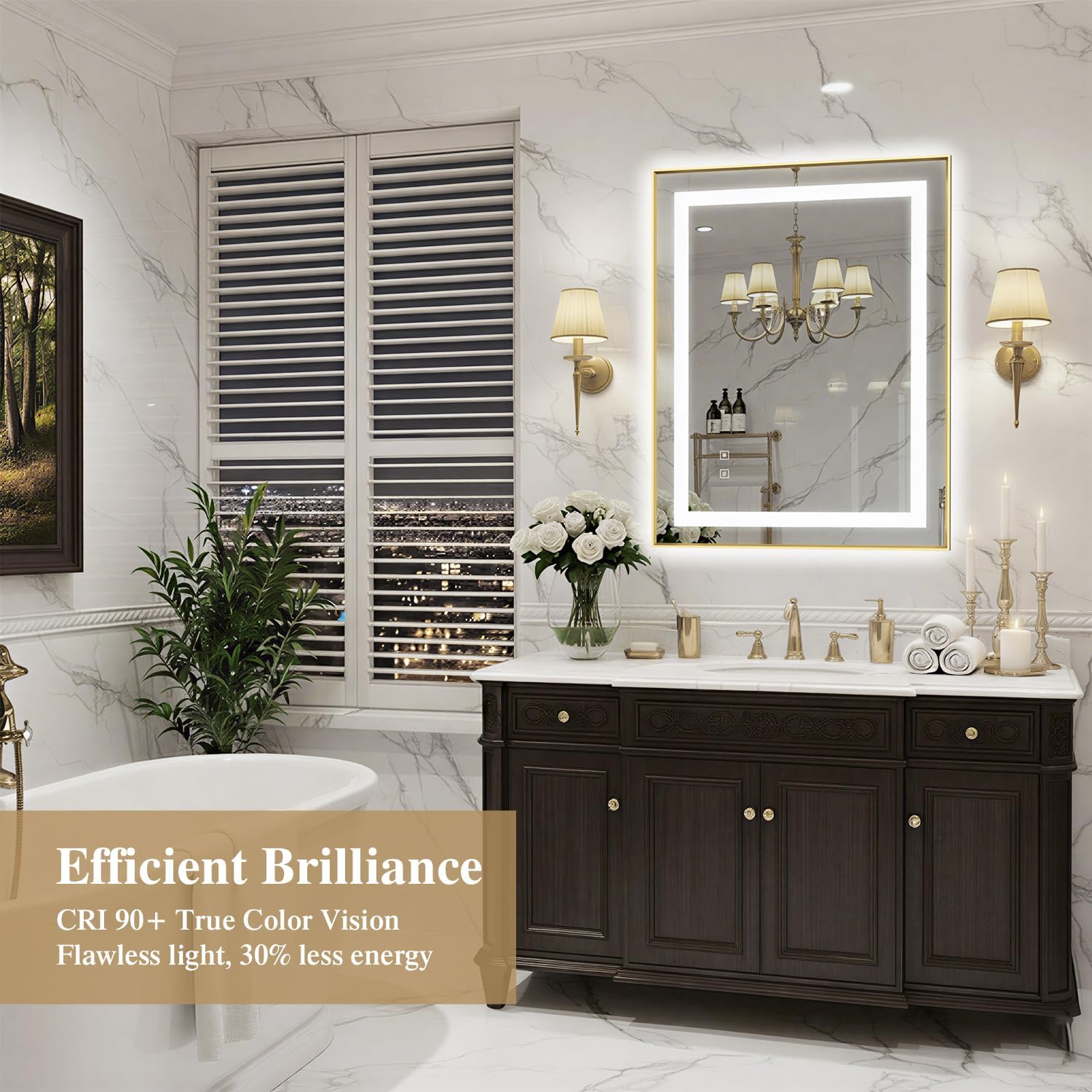 24X32 Inch LED Bathroom Mirror with Lights, Gold Frame Frontlit+ Backlit Bathroom Vanity Mirror for Wall, Ultra-Clear Tempered Glass, Shatter-Proof, Anti-Fog and Memory Function, ETL Listed