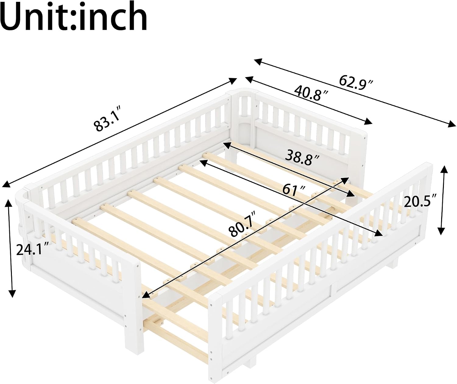 Bellemave Queen Floor Bed or Twin XL Montessori Floor beds for Kids, Twin XL Can Be Converted into a Queen Platform Bed, White