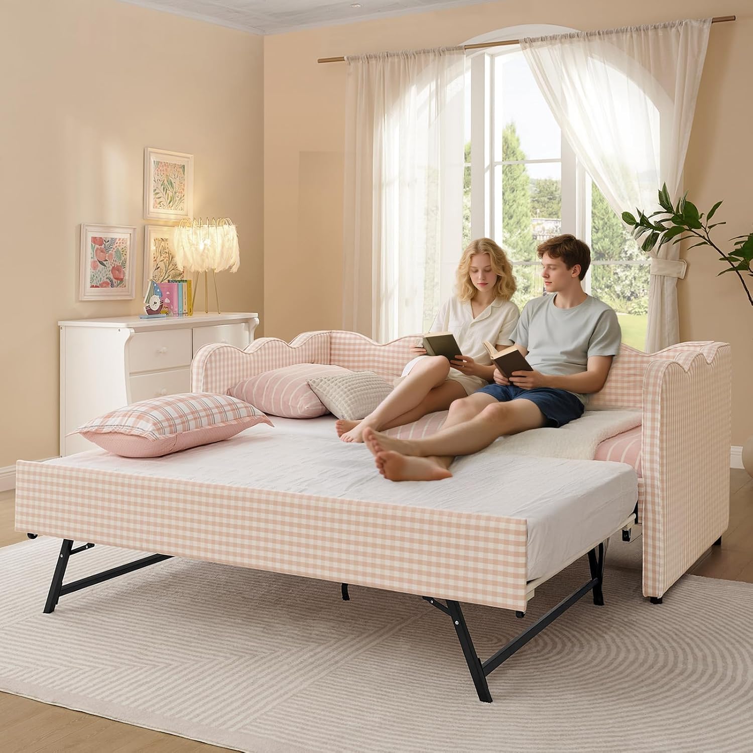 Twin to King Daybed with Trundle, USB Ports Soft Upholstered Daybed with Pop Up Trundle Bed Twin , Modern Extendable Day Bed Frame for Girls Bedroom Living Room Guest Room Small Places Apricot Pink