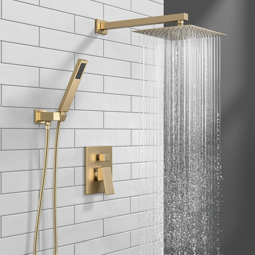 Lava Odoro Modern 2-Setting Square Shower Faucet Set with Shower Head and Handheld Sprayer Gold, Rainfall Shower System with Hand Shower, Shower Valve Trim Kit, Champagne Gold, SF103-CB