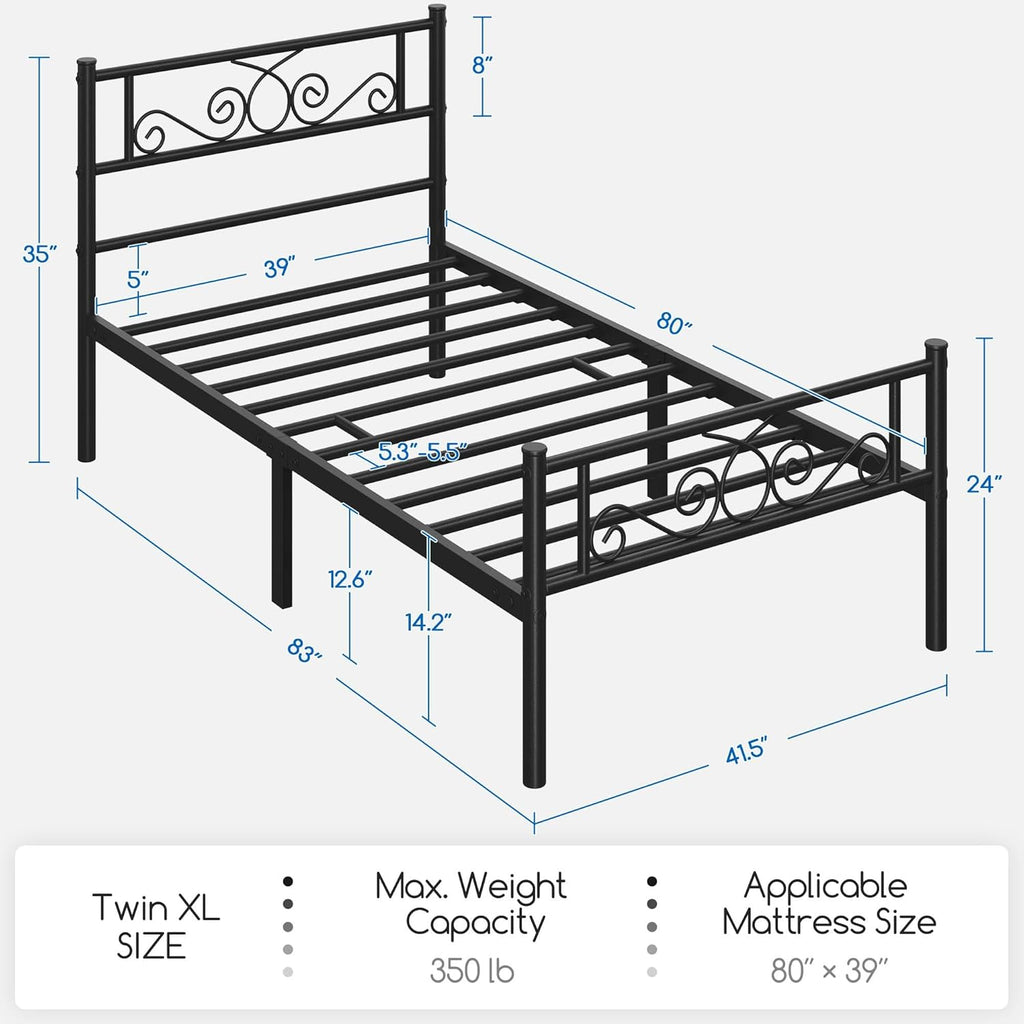 Yaheetech 2 Pcs Classic Metal Platform Bed Frame with Headboard and Footboard Flower Design Mattress Foundation Easy Set Up Structure Twin XL Size Black