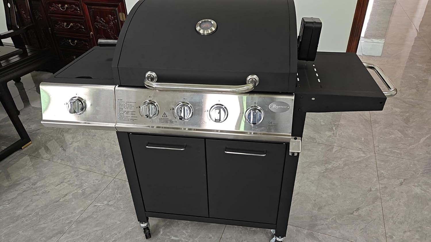ROMANTICIST Charcoal Grill with Offset, Flat Top Gas Grill, Griddle Grill with Cover for Smoker Outdoor Garden, Patio, and Backyard Cooking, Black