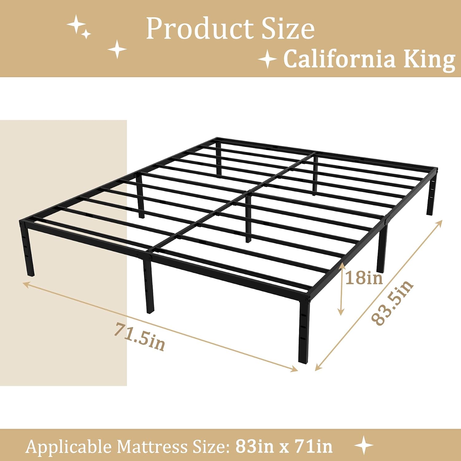 Metal Bed Frame,18 Inches California King,Simple Metal Platform Bed Frame,Storage Space Under The Bed Heavy Duty Frame Bed,Durable,Suitable for Bedroom,Black