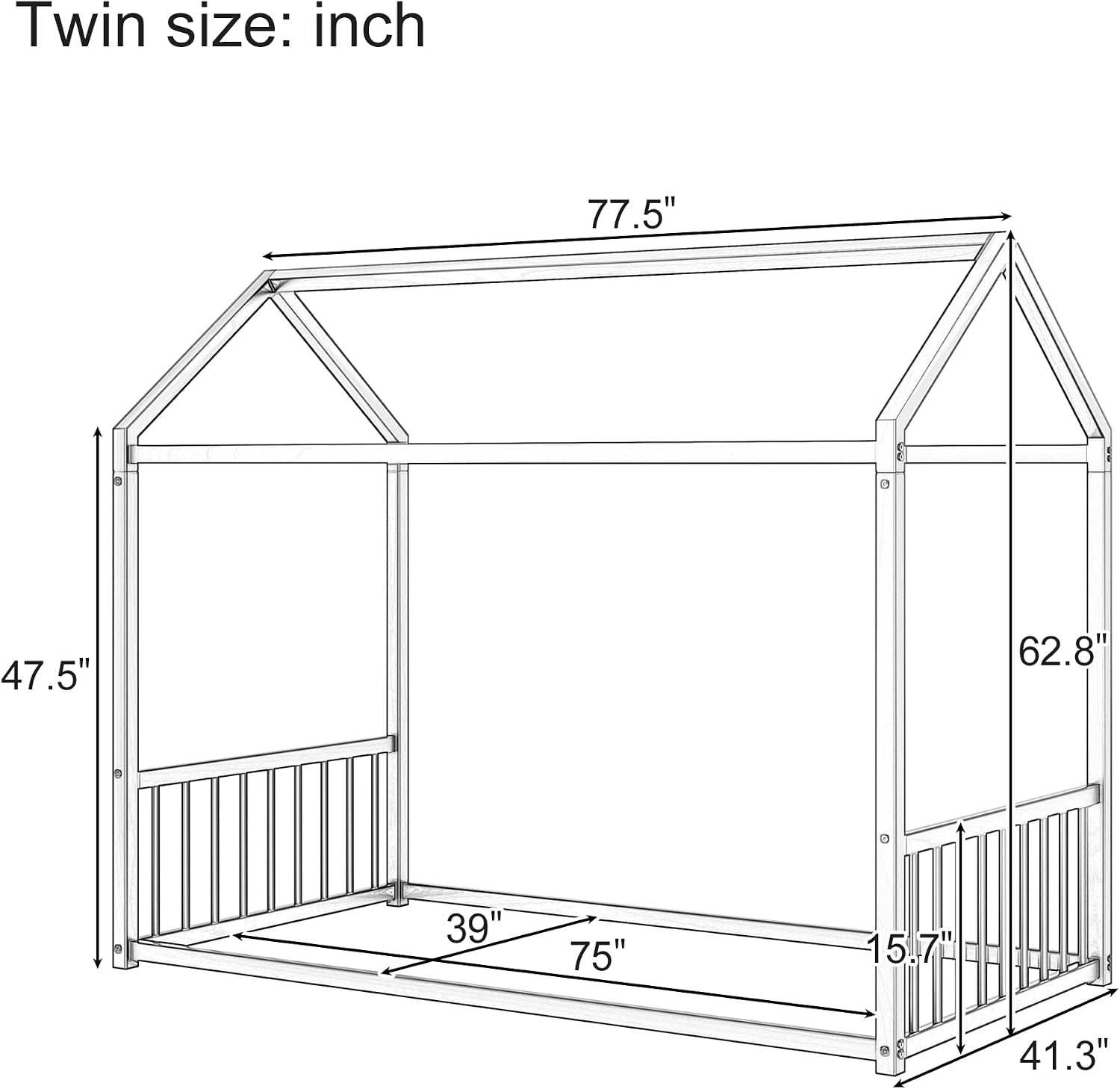 House Shape Twin Size Montessori House Bed Metal Floor Bed Twin Bedframe No Box Spring Needed, Black