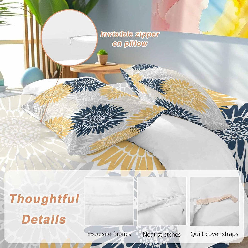 Navy Blue Gray Yellow Sunflowers Duvet Cover Set Queen Size 4 Pieces Abstract Blooming Floral Bedding Set with Zipper Closure, 1 Comforter Cover 92x106 Inches 1 Flat Sheet & 2 Pillow Cases