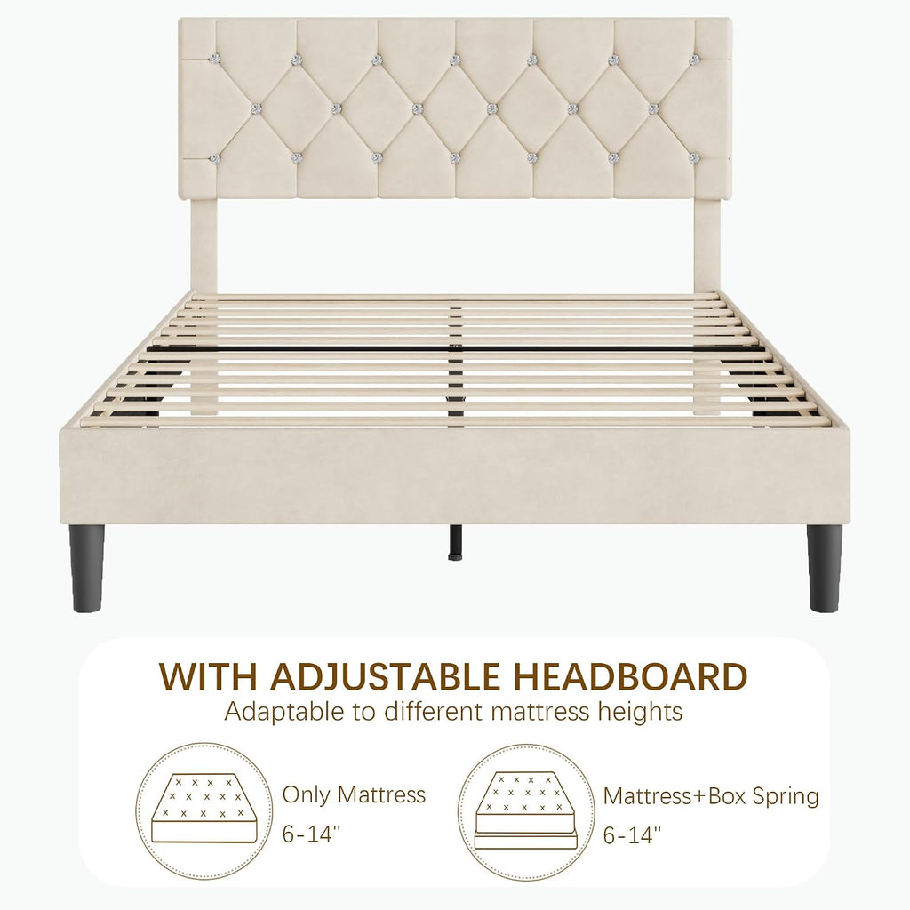 VECELO Full Size Bed Frame with Diamond Tufted Headboard, Upholstered Platform Bedframe with Wood Slat Support, No Box Spring Needed, Pala Beige