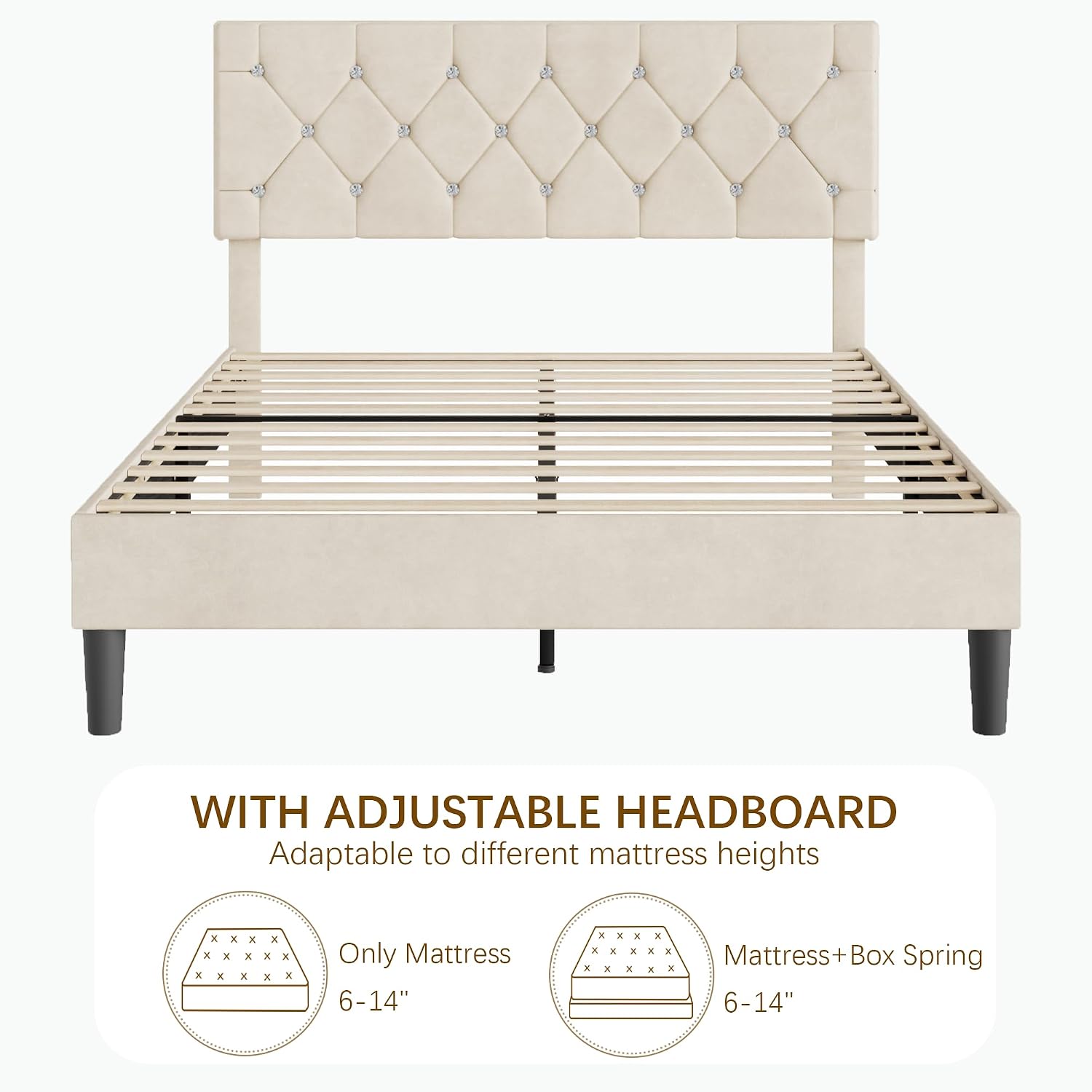 VECELO Full Size Bed Frame with Diamond Tufted Headboard, Upholstered Platform Bedframe with Wood Slat Support, No Box Spring Needed, Pala Beige