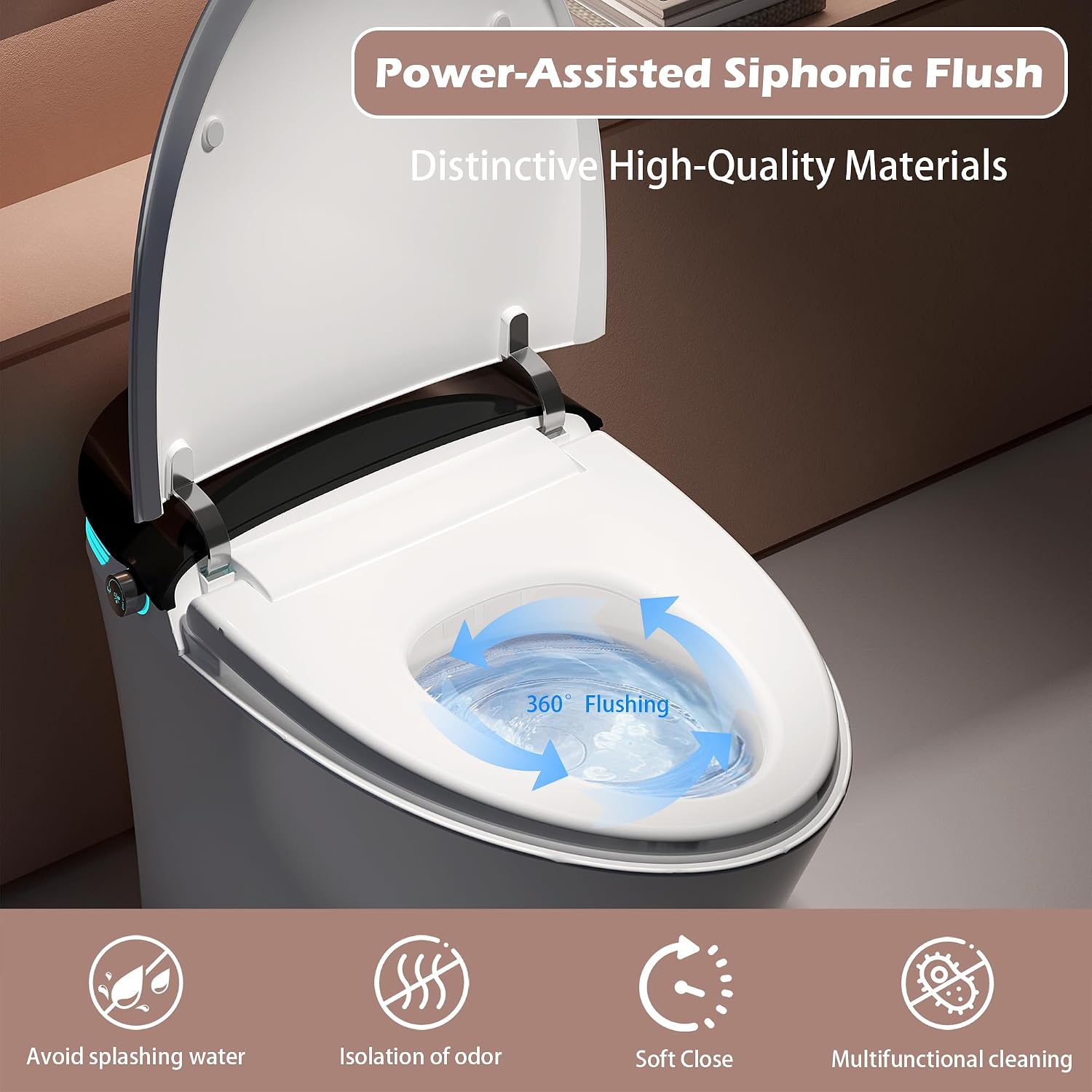 WinZo Smart Toilet With Bidet, ADAOne-Piece Elongated, Auto Open/Close & Flush, Heated Seat, Front & Rear Wash, LED Display, Night Light, 12-inch Rough-in, White, Ceramic (Black)