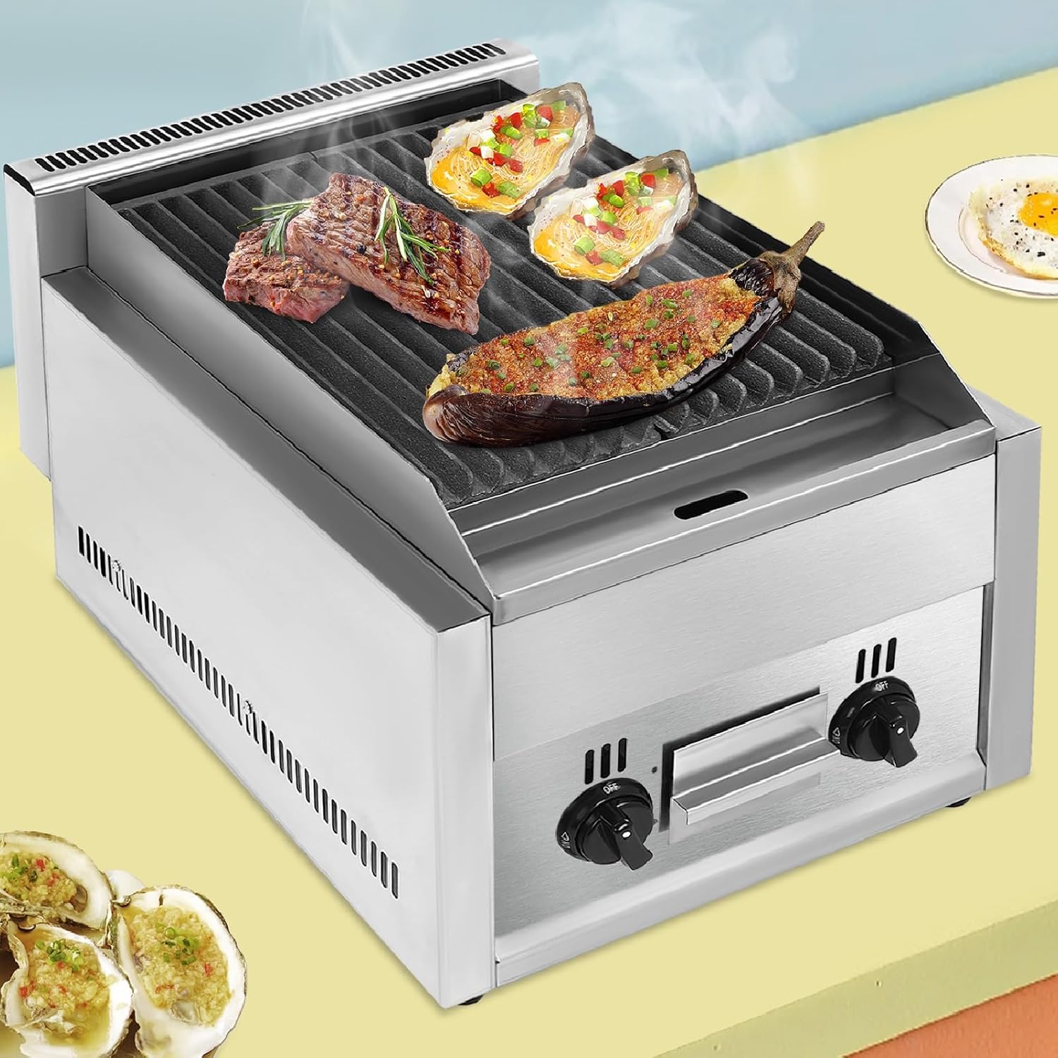 21' Commercial Countertop Gas Grill with Removable Grill Plate, 60TU/hr 2 Burner Propane Flattop BBQ Stove Natural/Propane Gas Radiant Char Broiler Grills with Adjustable Temperature