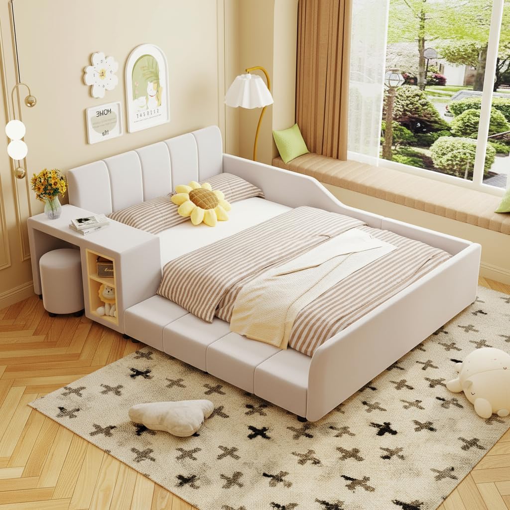 Merax Full Size Velvet Bed Frames Upholstered Grounded Bed, Wooden Mother & Child Bed with Bedside Desk and Little Round Stool,Kids Adults Bedroom Floor Platform Bed,Beige