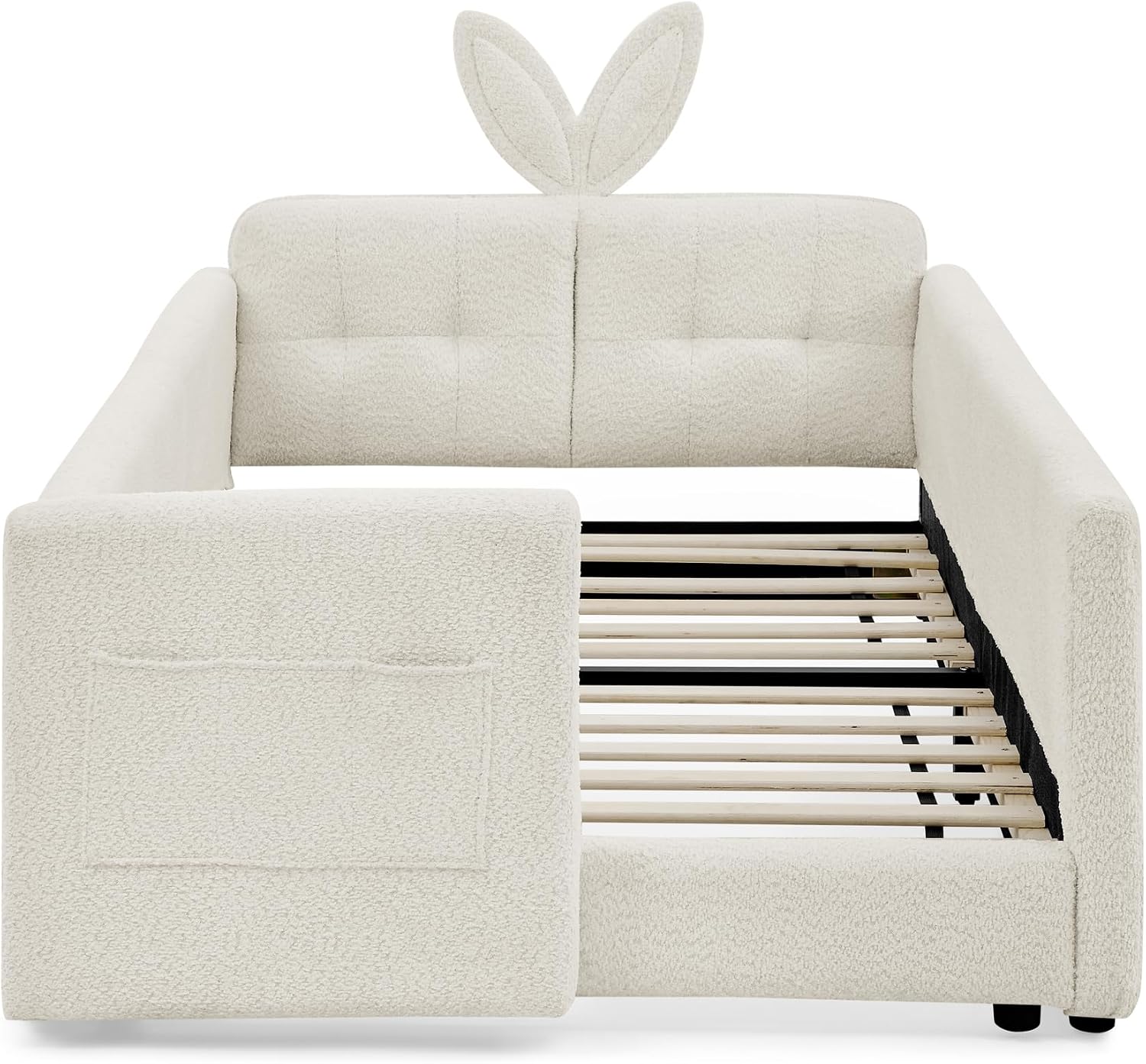 VilroCaz Twin Size Upholstered Platform Bed with Safety Guardrail and Cute Rabbit Ear Shaped Headboard, Boucle Fabric Montessori Kids Bed with Pocket and Sturdy Slats Support (Beige-7.24)