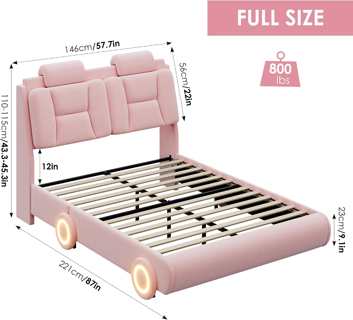Keyluv Full Led Car Bed Frame with Wheels Decor & Adjustable Curved Headboard Modern Upholstered Platform Bed with Detachable Pillows Solid Wooden Slats Support No Box Spring Needed, Velvet Pink