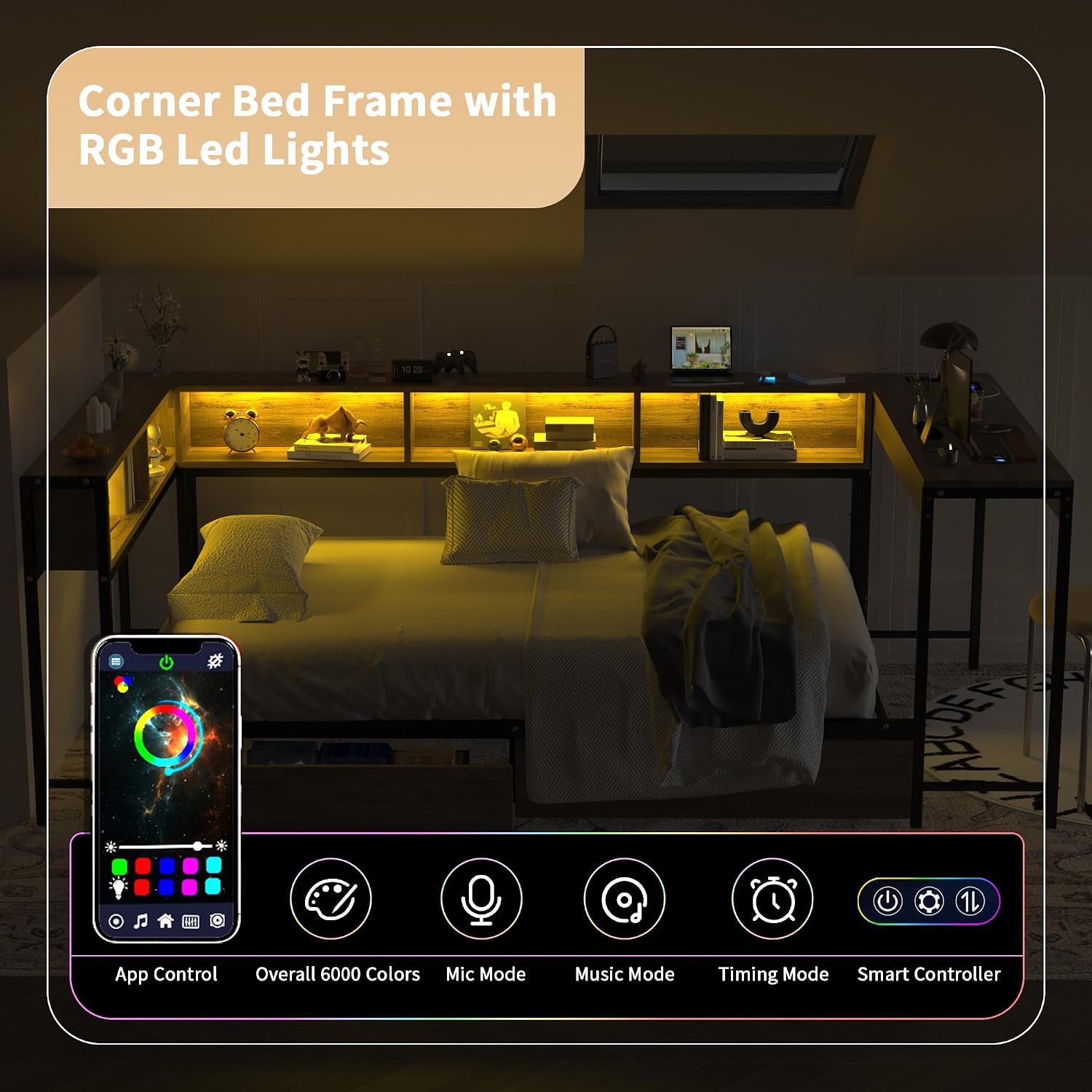 Corner Bed Frame with Storage Bookcase and LED Light, Full Size Platform Bed Frame with Storage Drawers and Desk, Full Size Daybed for Living Room & Guest Room,No Box Spring Needed (Black Grey, Full)