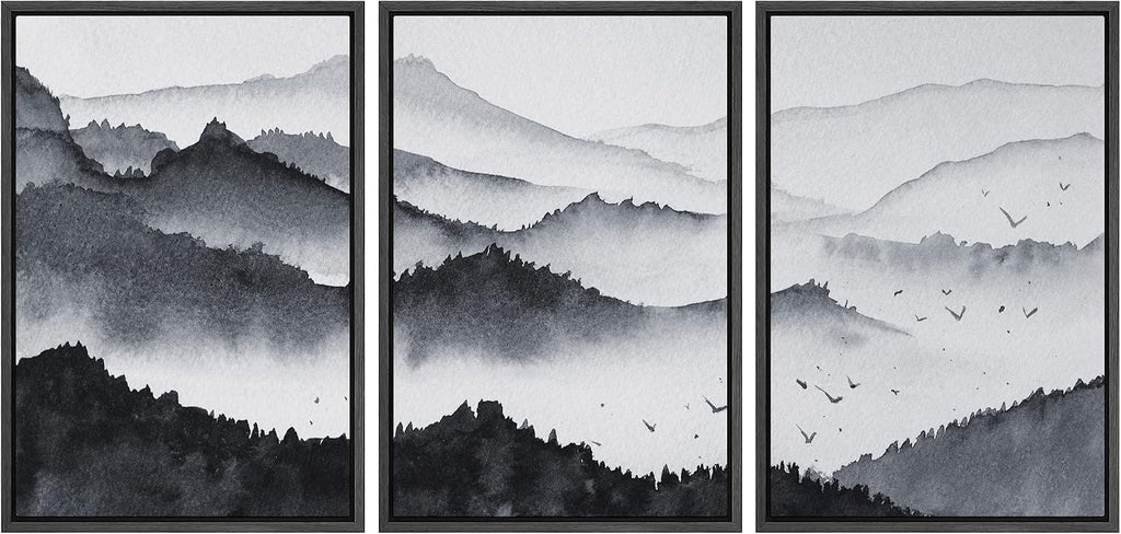 NWT Framed Canvas Print Wall Art Set Pastel Watercolor Misty Mountain Forest Nature Wilderness Illustrations Modern Art Decorative Landscape Rustic for Living Room, Bedroom, Office - 16'x24'x3 Black