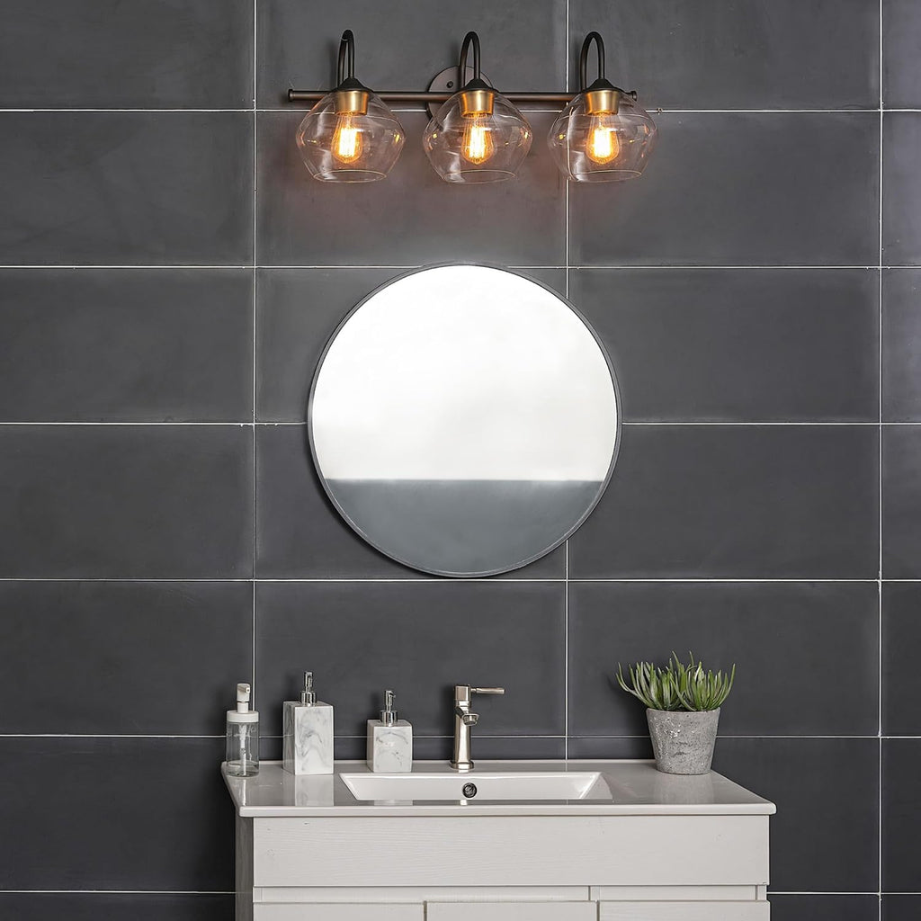 Globe Electric 51853 3-Light Vanity Light, Dark Bronze, Antique Brass Accents, Clear Glass Shade, Beauty Room Accessories, Bathroom Lights Over Mirror, Makeup Mirror Lights, Bulb Not Included