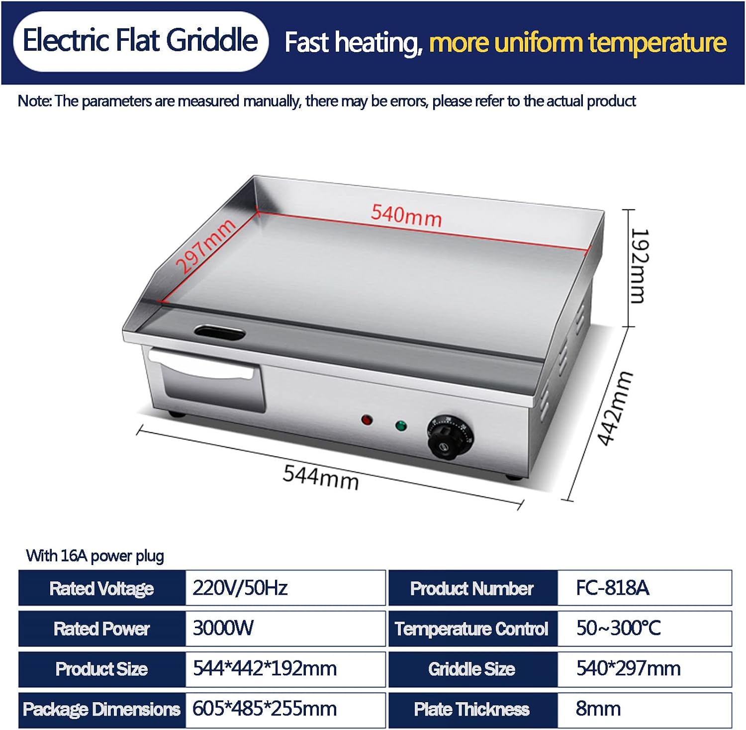 Electric Griddle, Commercial Electric Flat Top Griddle 110-220V Teppanyaki Stainless Steel Grill Adjustable Thermostatic Control, 122°F-572°F, Nonstick Countertop Hot Plate for Home Restaurant,818a