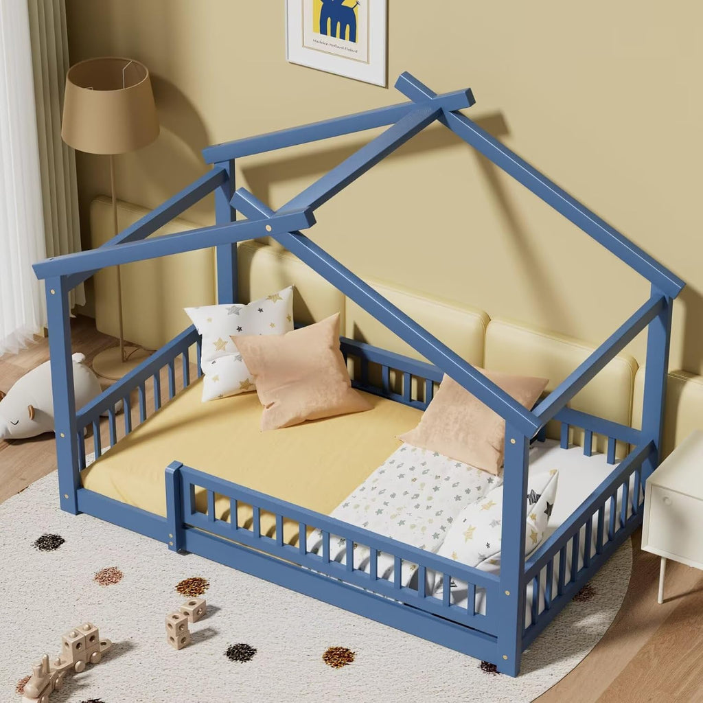 LLS Twin House Floor Bed Frame with Fence, Wooden Montessori Bed with Slats Support for Boys Girls, Mist Blue