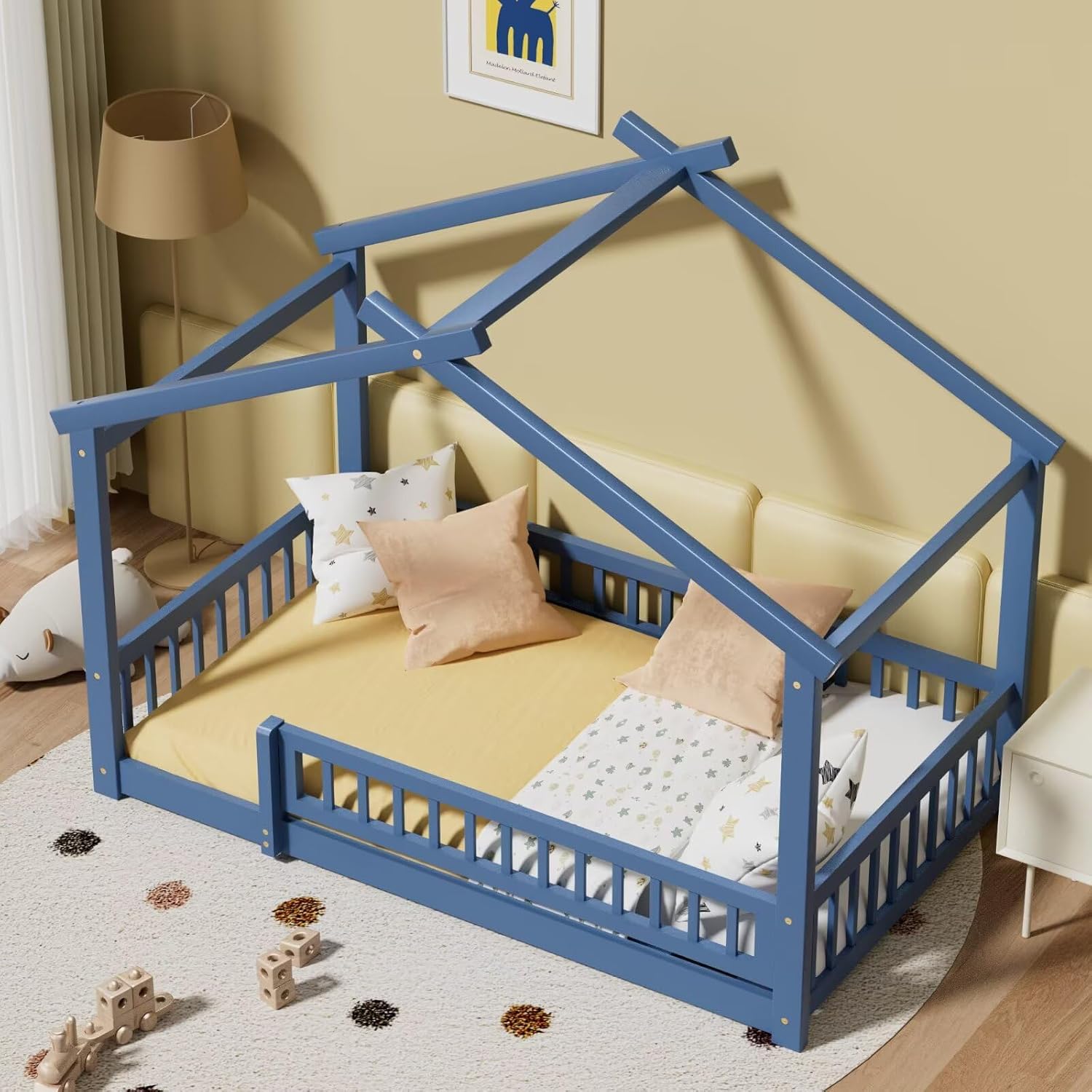 LLS Twin House Floor Bed Frame with Fence, Wooden Montessori Bed with Slats Support for Boys Girls, Mist Blue