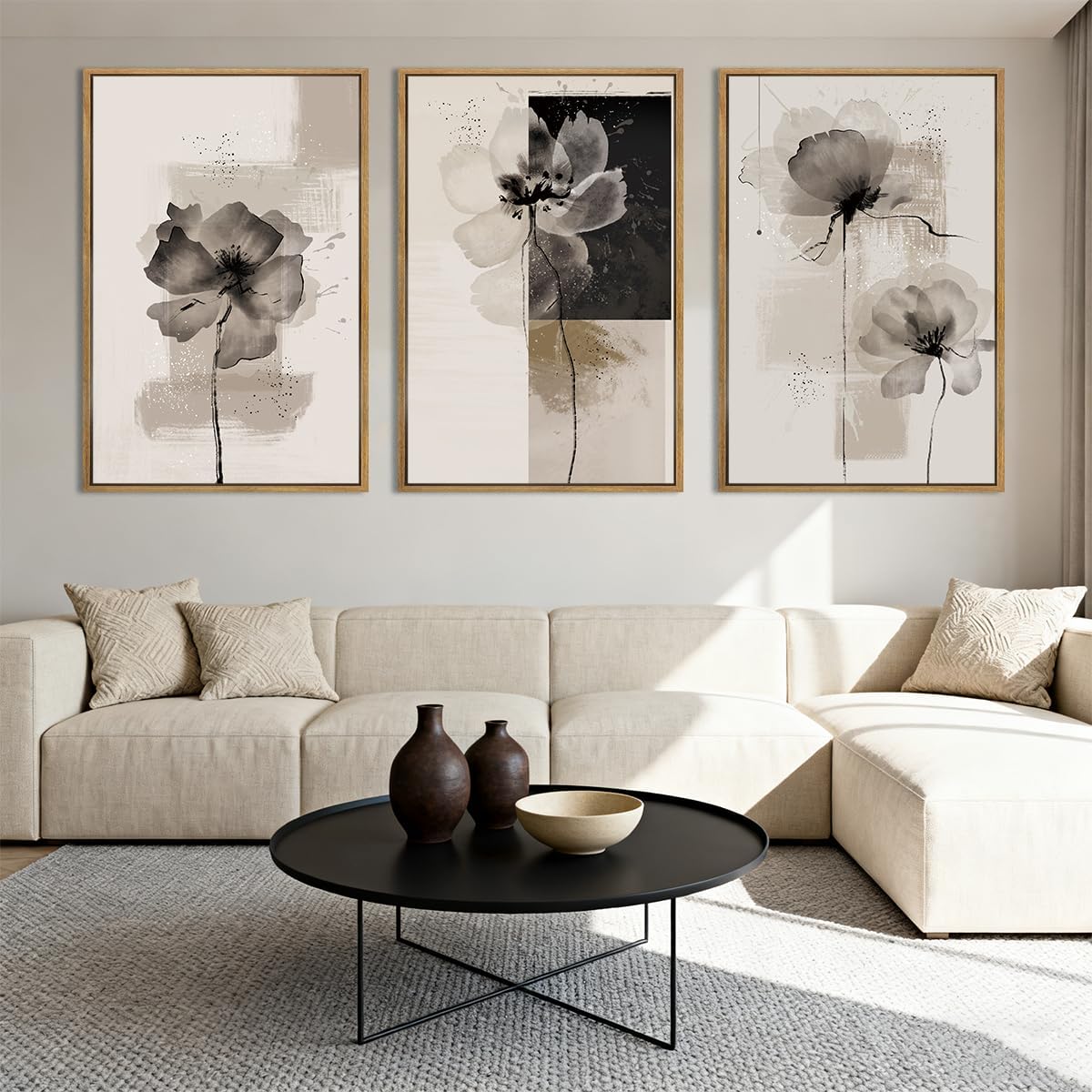 IARTTOP Large Framed Neutral Abstract Wall Art 24x36 Inch Oversized Modern Beige Gray Floral Canvas Wall Decor Minimalist White Flower Art Prints for Living room Bedroom Set of 3