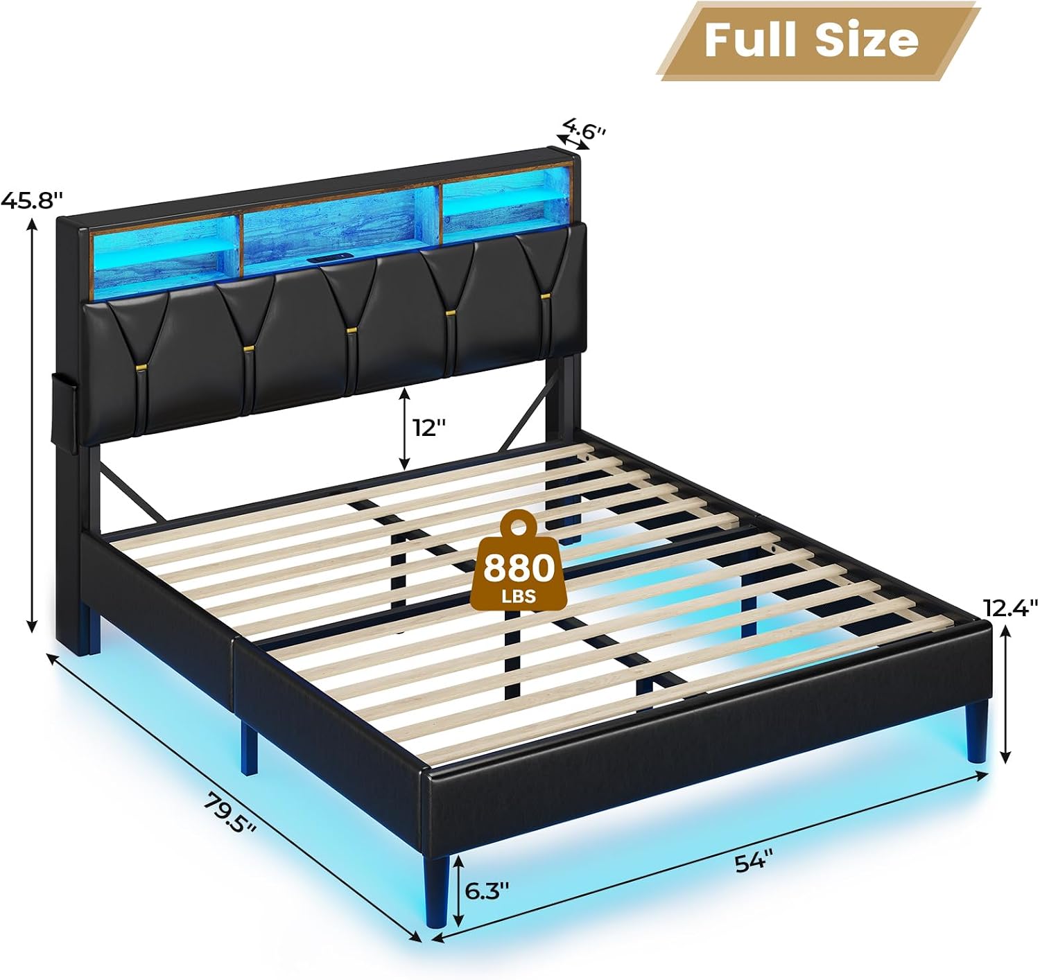 BTHFST Full Size Bed Frame with LED Lights & Charging Station, LED Bed Frame Full Size with Headboard Storage, Faux Leather Upholstered Bed with Shelf Headboard, No Box Spring Needed, Black PU