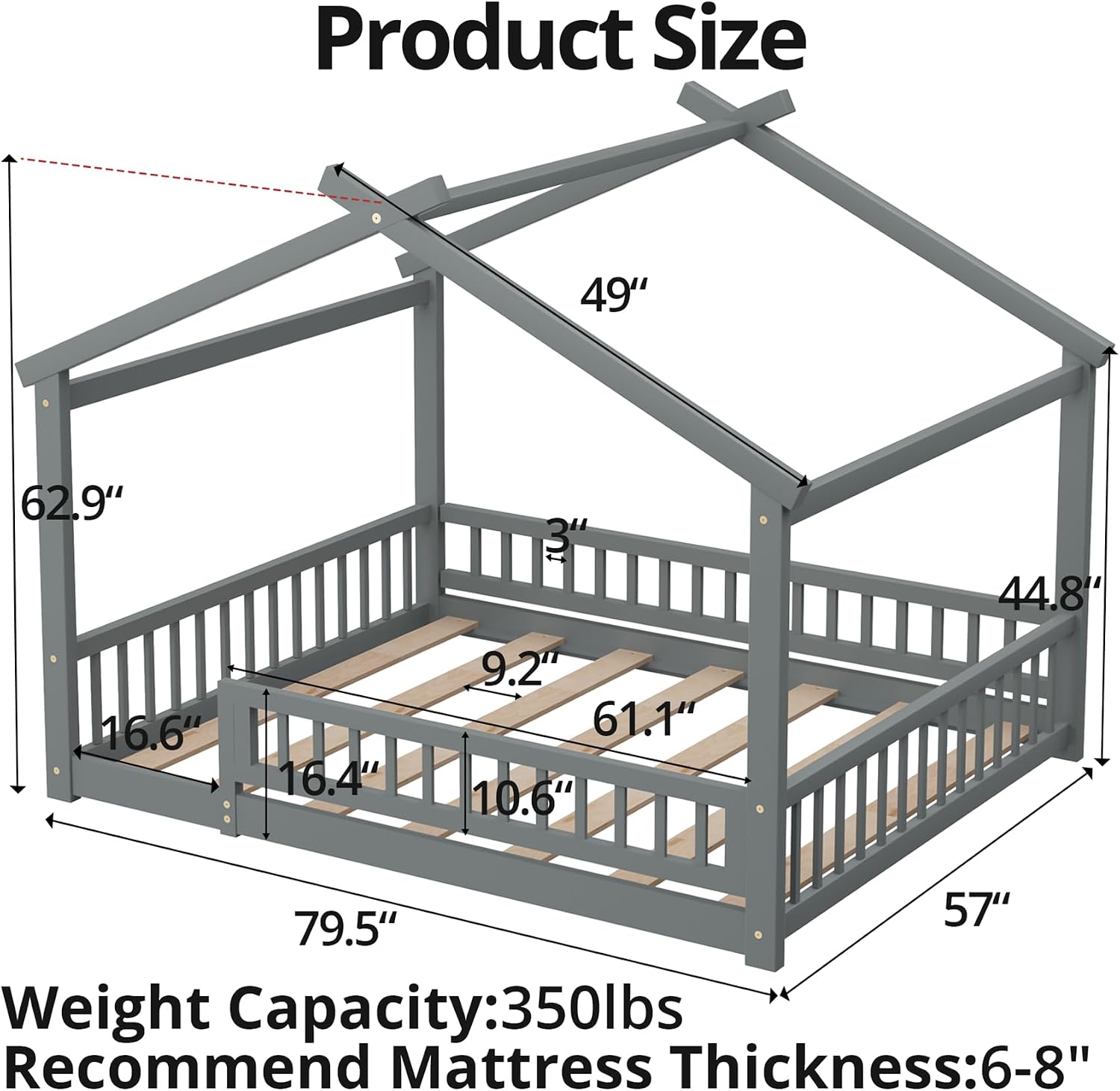 LLS Full Size House Bed with Fence, Wooden Montessori Bed with Slats Support, Floor Bed Frame for Boys Girls Bedroom, Gray