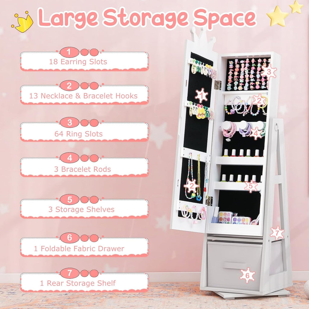 Costzon Kids Vanity & Jewelry Armoire Cabinet, Kids Makeup Vanity Table and Chair Set, 360° Swivel Standing Jewelry Organizer with Full-Length Mirror, Kids Bedroom Furniture Set for Girls (White)