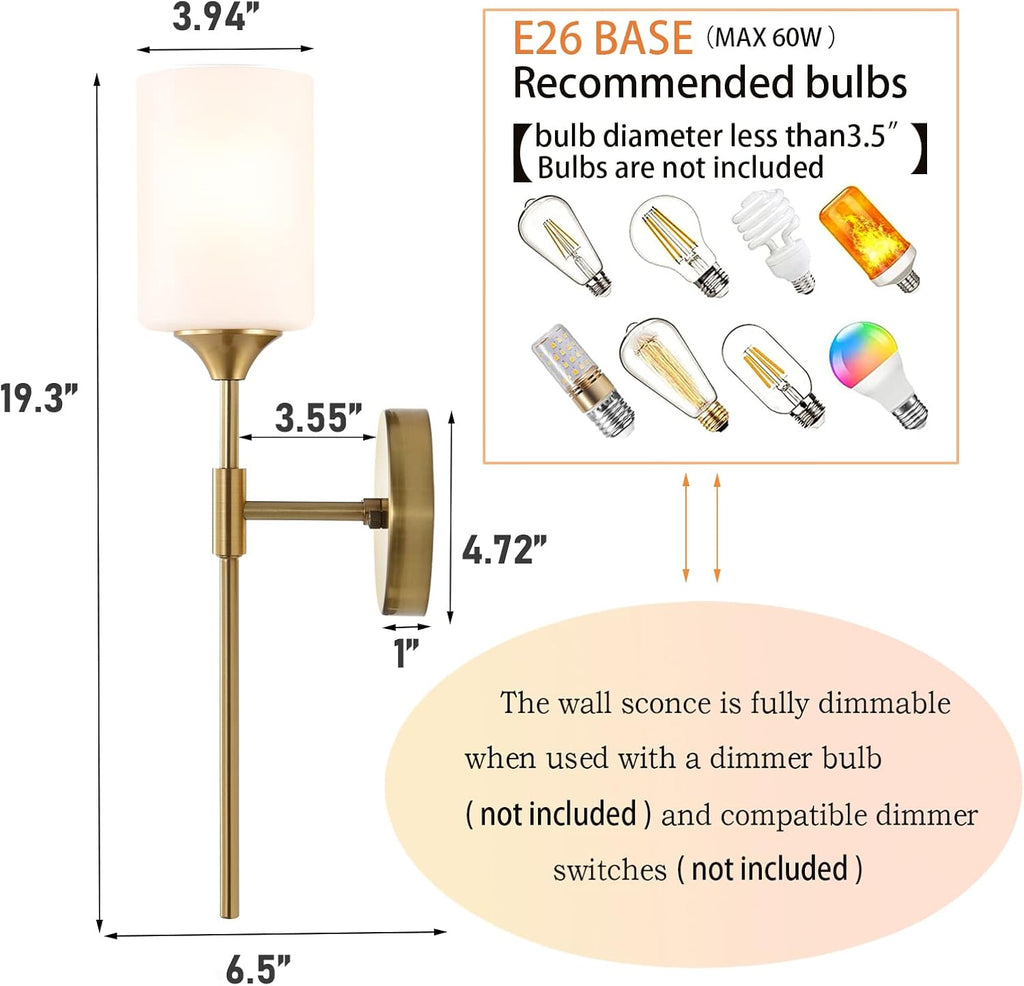 BYOLIIMA Gold Wall Sconce Set of 2 with White Cylinder Glass Shades Modern Mid Century Bathroom Vanity Wall Light Fixtures Industrial Brushed Brass Wall Lamp for Bedroom Mirror Living Room Restaurant