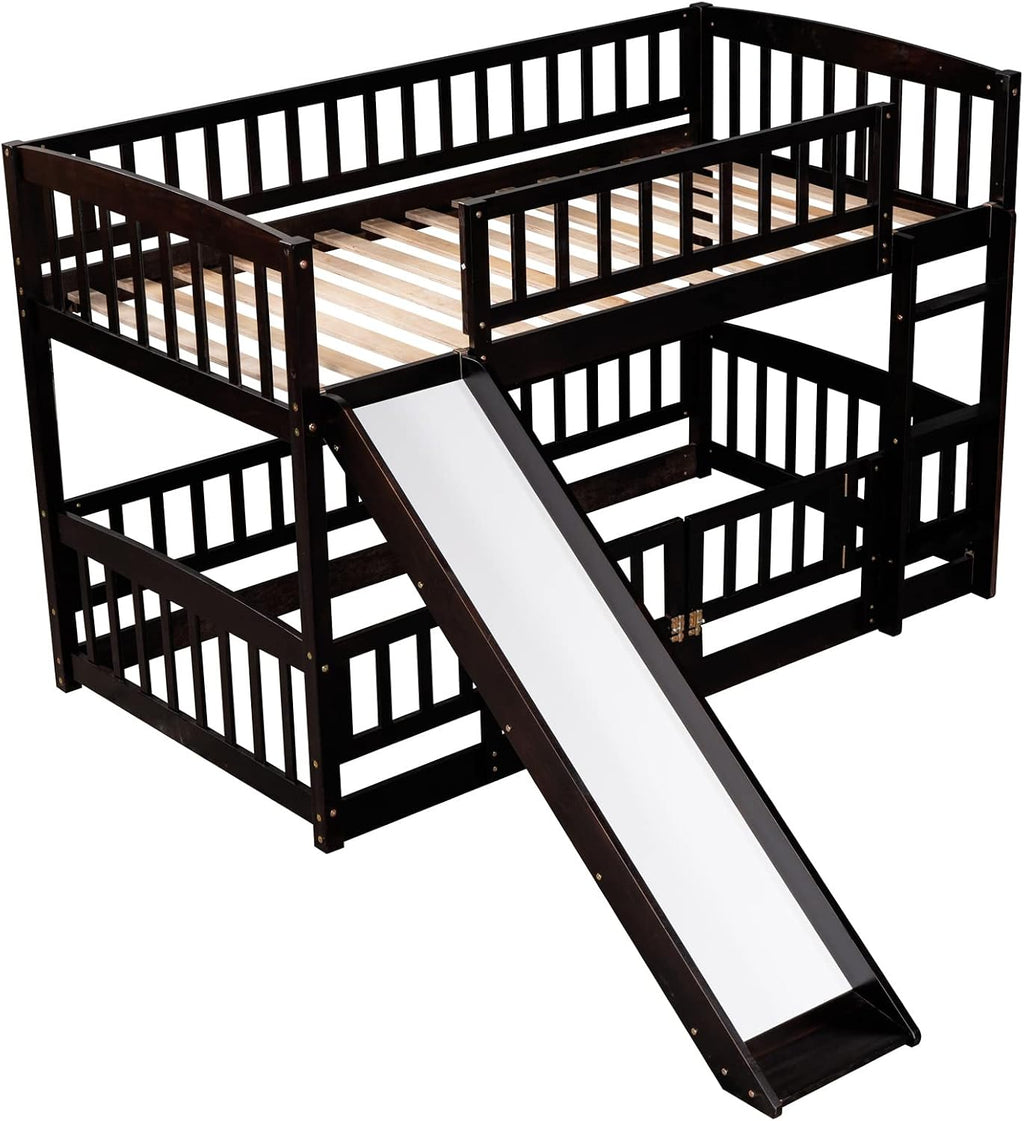 Bellemave Twin Over Twin Low Bunk Bed with Slide and Fence Railings Wood Floor Bunk Beds with Ladder for Kids Boys Girls Teens, Espresso