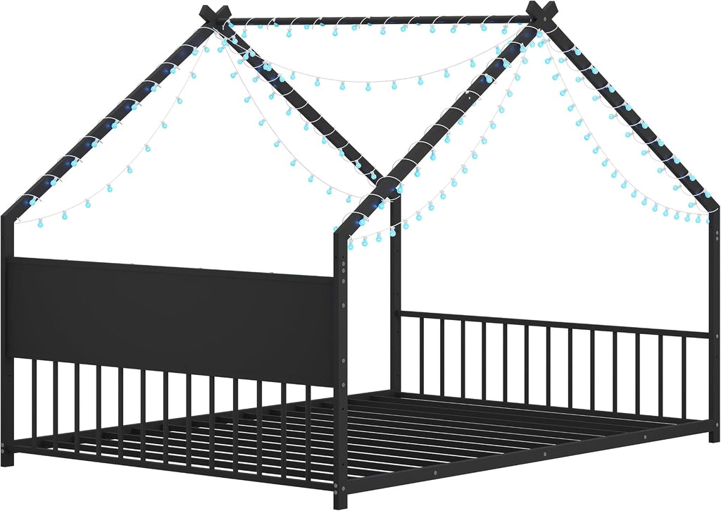 Bellemave Full Floor BedFrame with Slats for Kids, Metal Montessori Floor Beds with high headboard, Full House Bed for Kids, Black with roof and Lights