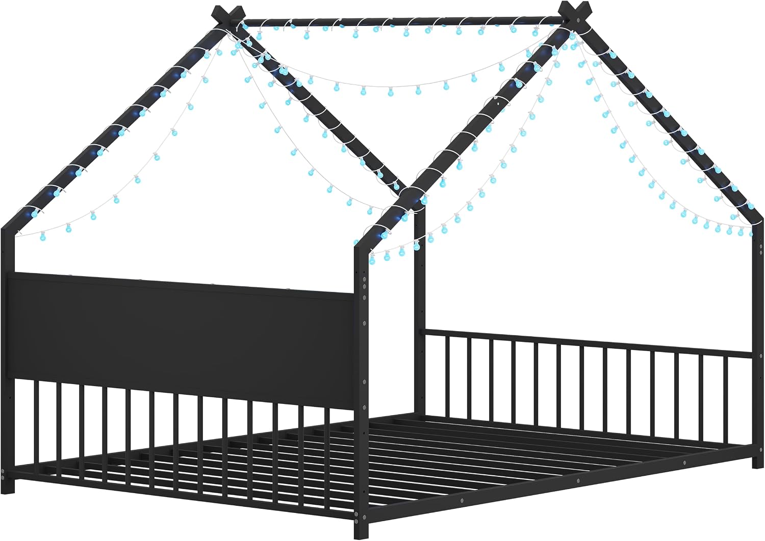 Bellemave Full Floor BedFrame with Slats for Kids, Metal Montessori Floor Beds with high headboard, Full House Bed for Kids, Black with roof and Lights
