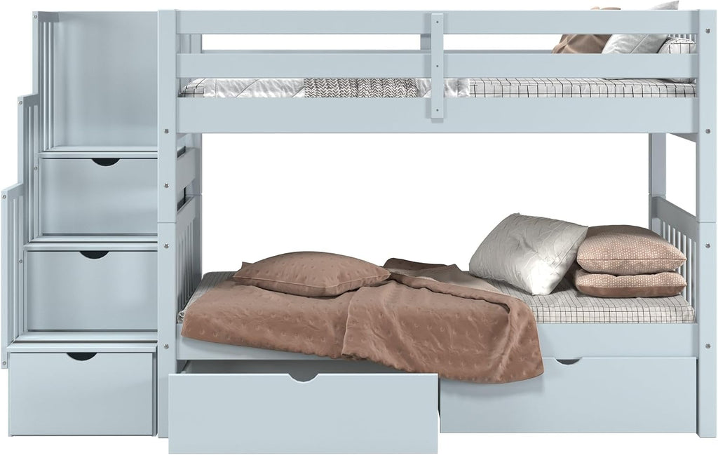 Bedz King Stairway Bunk Beds Twin Over Twin, 3 Step Drawers, 2 Storage Drawers, Breezy Blue