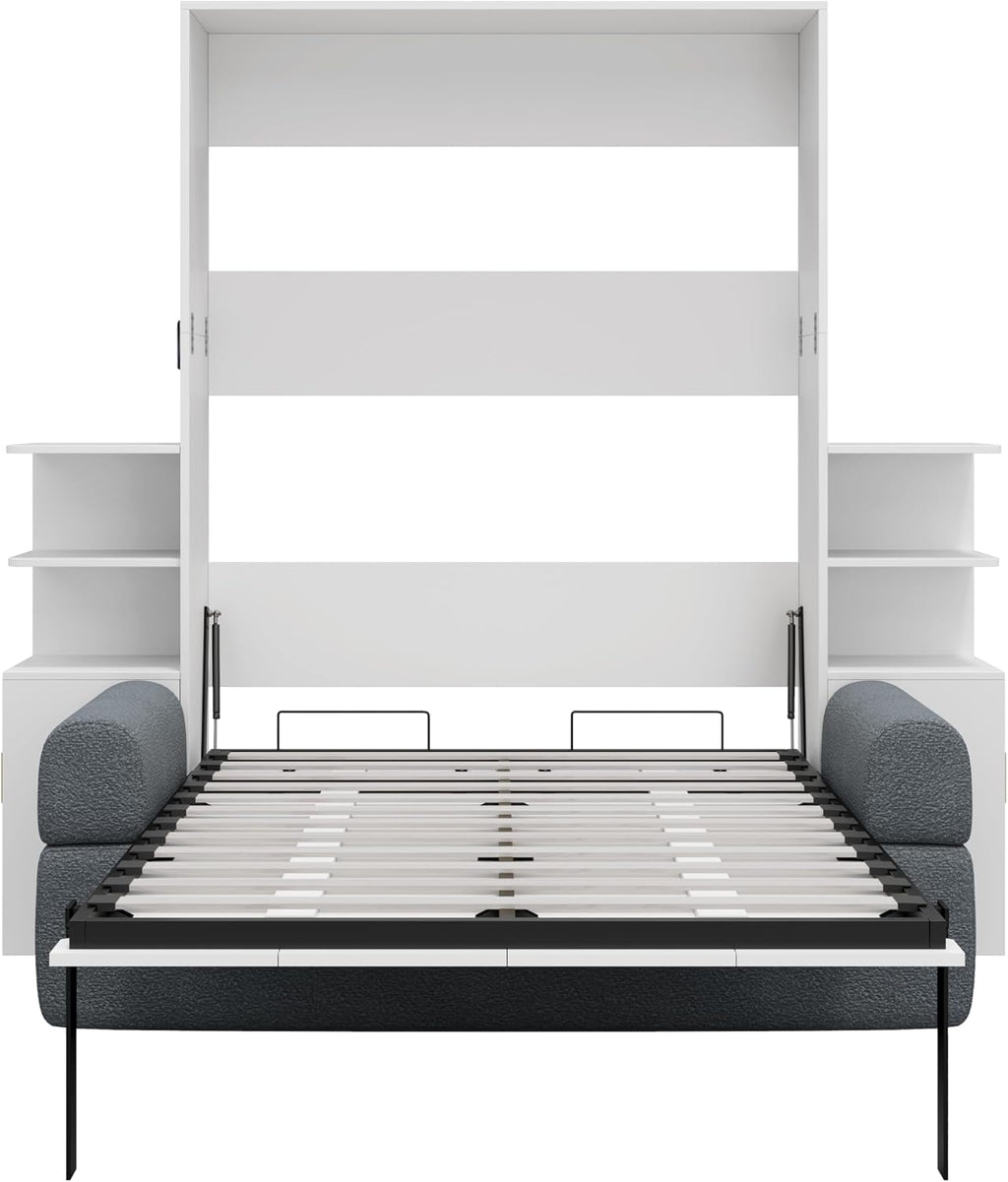 Full Wood Murphy Bed with Sofa,Shelves and Cabinets,Modern Foldable Wall Bed with Headboard,Couch and Armrest,for Home Office or Small Room,Space Saving,No Box Spring Needed,Gray