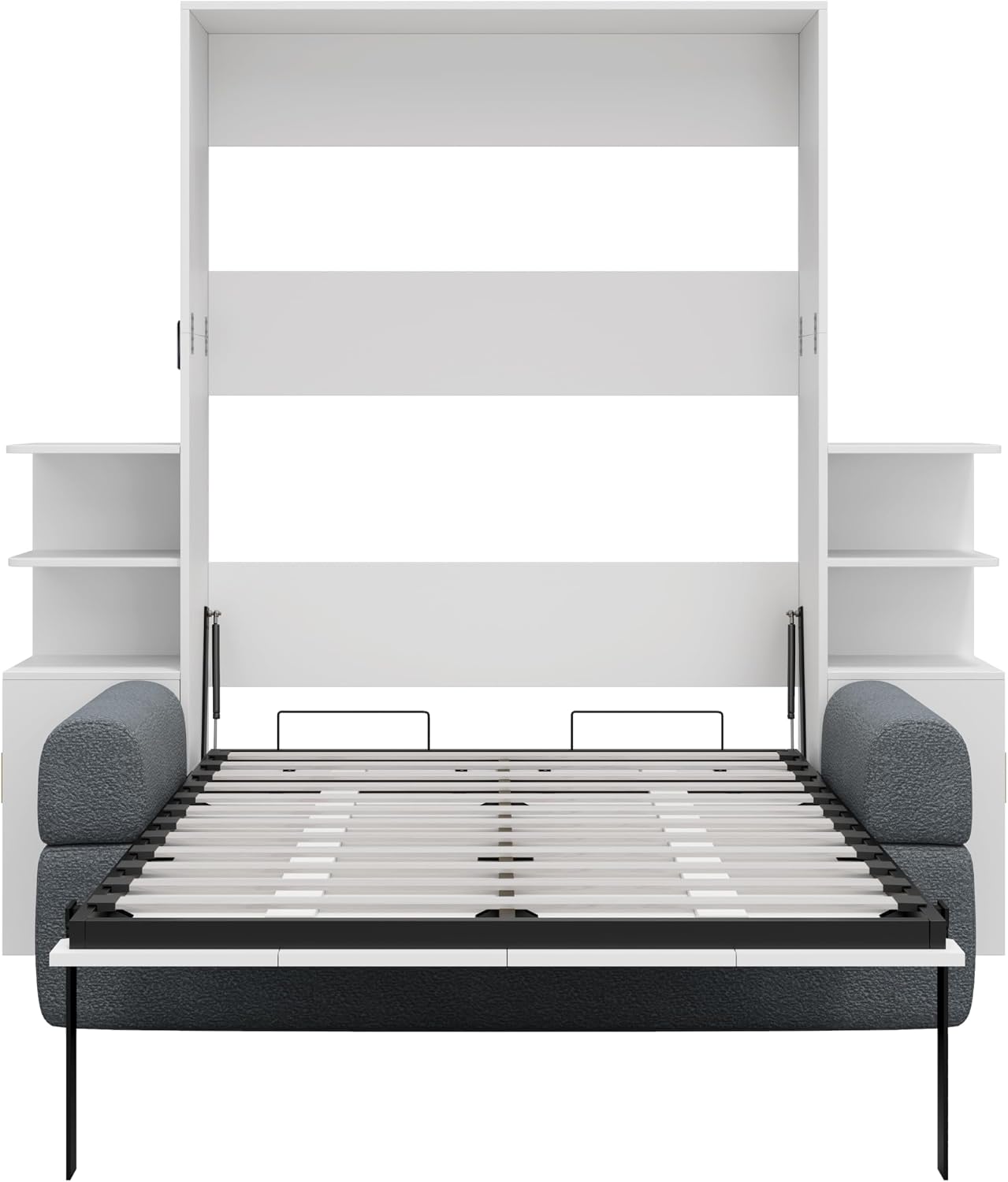 Full Wood Murphy Bed with Sofa,Shelves and Cabinets,Modern Foldable Wall Bed with Headboard,Couch and Armrest,for Home Office or Small Room,Space Saving,No Box Spring Needed,Gray