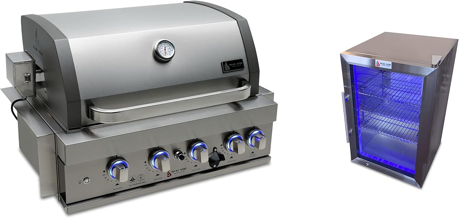 Mont Alpi Built-in MABi400-COMBO 32-Inch 4-Burner 63000 BTU Built-In Stainless Steel Outdoor Kitchen Island Gas BBQ Grill + Glass Door Compact Refrigerator + Charcoal Tray & Griddle Plate Combo