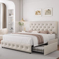 TTVIEW Full Size Bed Frame with 4 Storage Drawers and Adjustable Headboard, Upholstered Platform Bed with Button Tufted Design, Strong Wooden Slats Support, No Box Spring Needed, Fabric, Cream