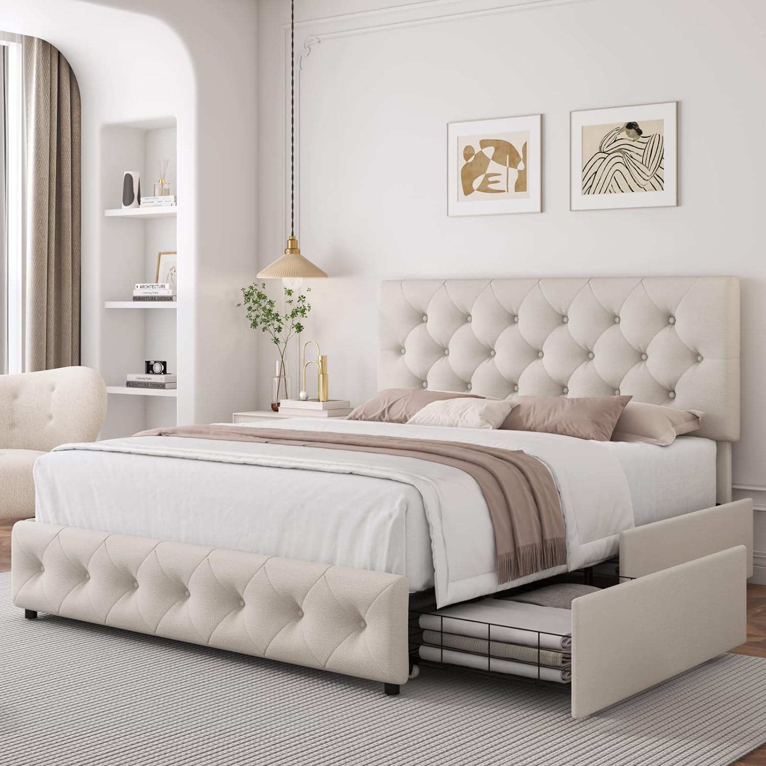 TTVIEW Queen Bed Frame with 4 Storage Drawers and Adjustable Headboard, Upholstered Platform Bed with Button Tufted Design, Strong Wooden Slats Support, No Box Spring Needed, Fabric, Cream