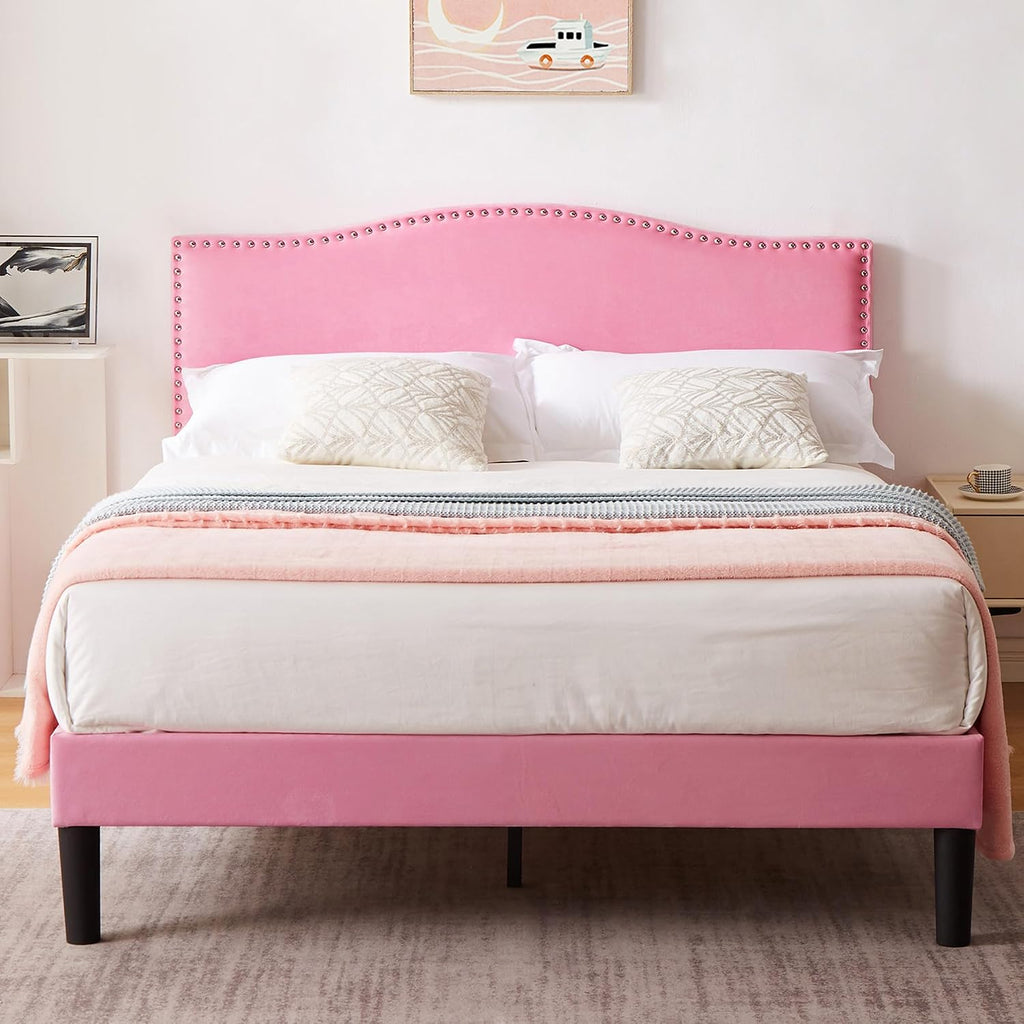 VECELO Queen Bed Frame, Platform Bed Frame with Adjustable Height Upholstered Headboard, Heavy-Duty Frames and Strong Wooden Slats Support, Non-Slip and Noise-Free, Easy Assembly, Pink