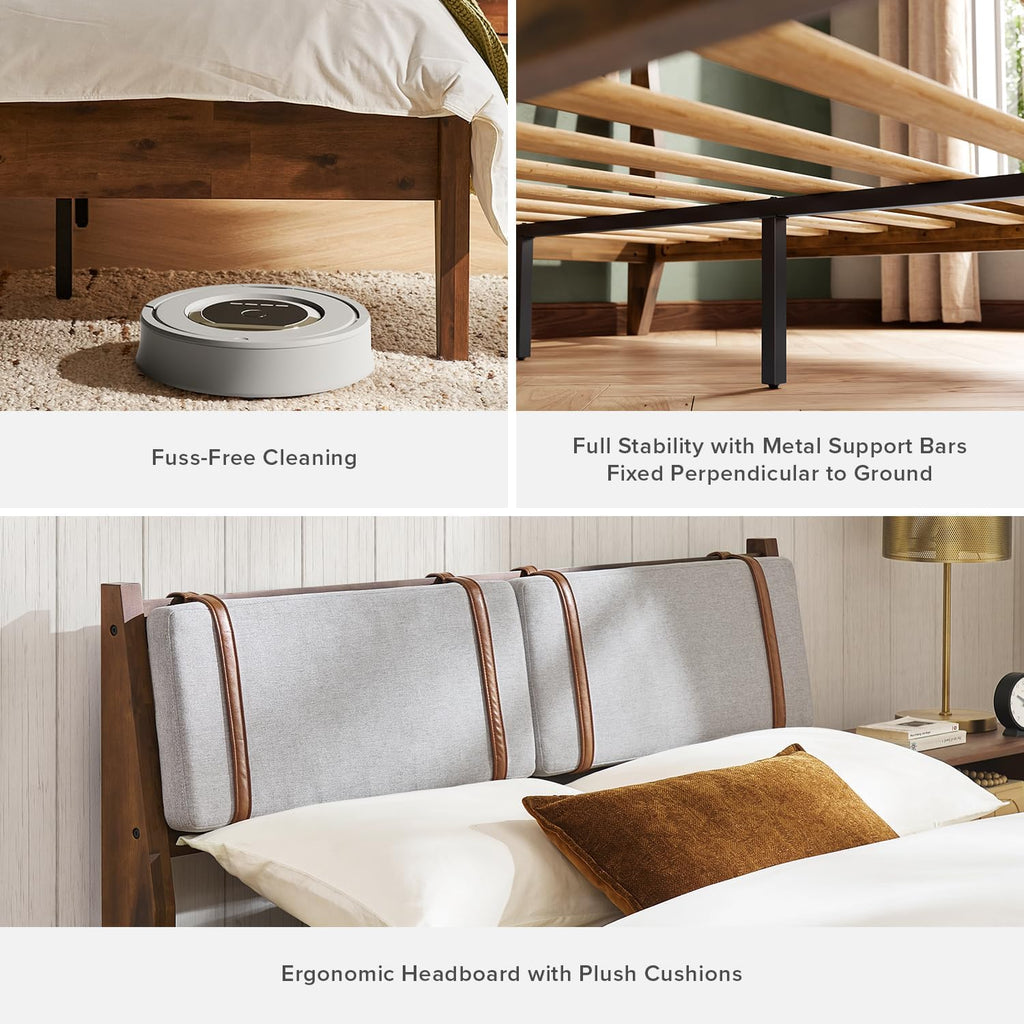 mopio Ted Bed Frame with Headboard, Mid Century Modern Acacia Solid Wood Platform Bed Frame, Wooden Slats, No Box Spring, Double Metal Bar Support (Solid Wood Upholstered, Queen (U.S. Standard))