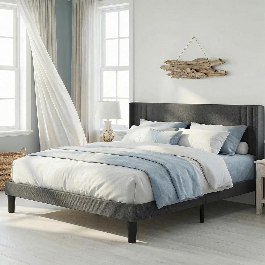 Gizoon Queen Bed Frame with Wingback Headboard, Upholstered Platform Bed with Modern Geometric Headboard, Wooden Slats, Noise-Free, No Box Spring Needed