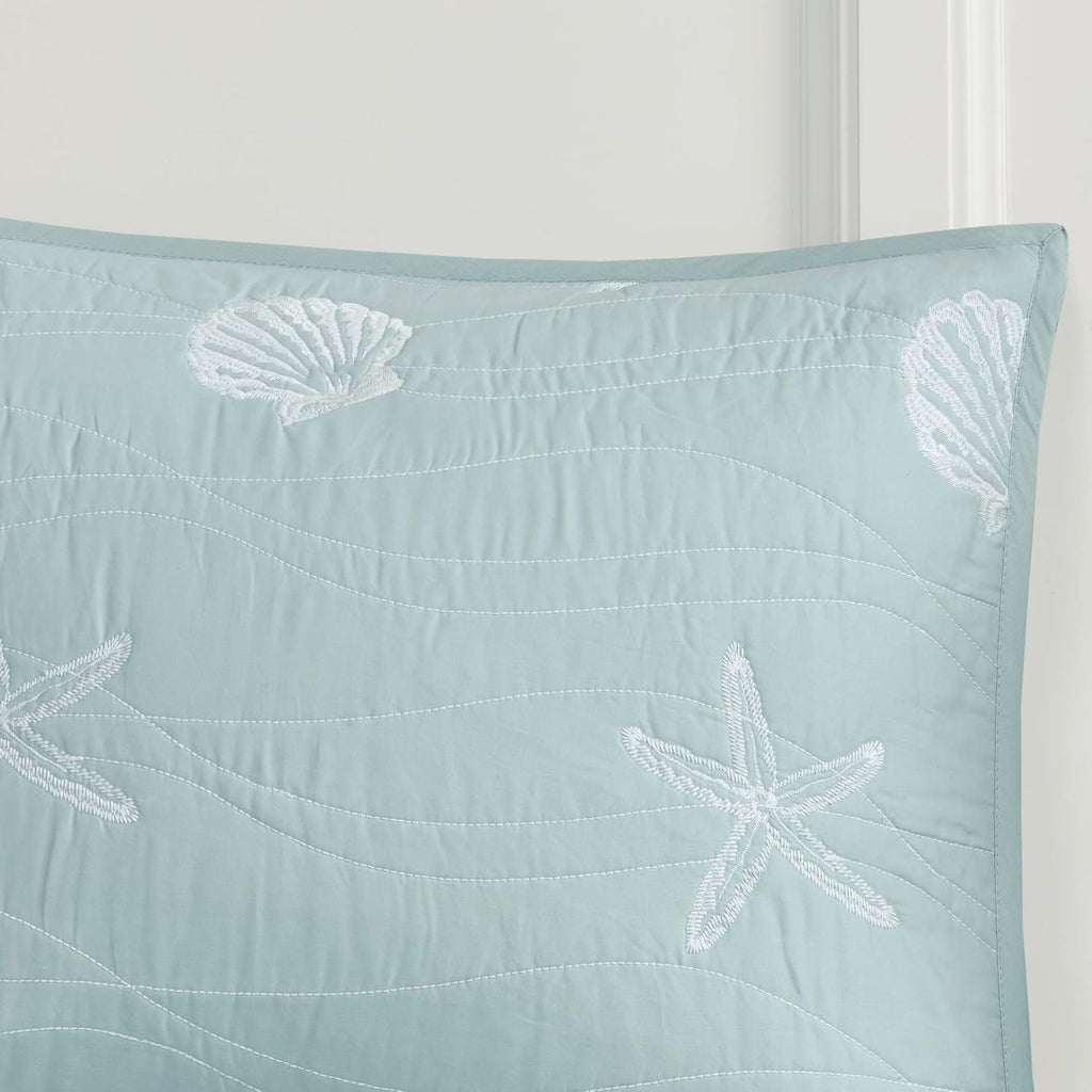 Harbor House Seaside Reversible Cotton Quilt Set Coastal Clam, Starfish, Coral Embroidery, All Season, Pre-Washed Coverlet Bedding Layer, Decorative Pillow, King/Cal King(108'x90') Seafoam 4 Piece