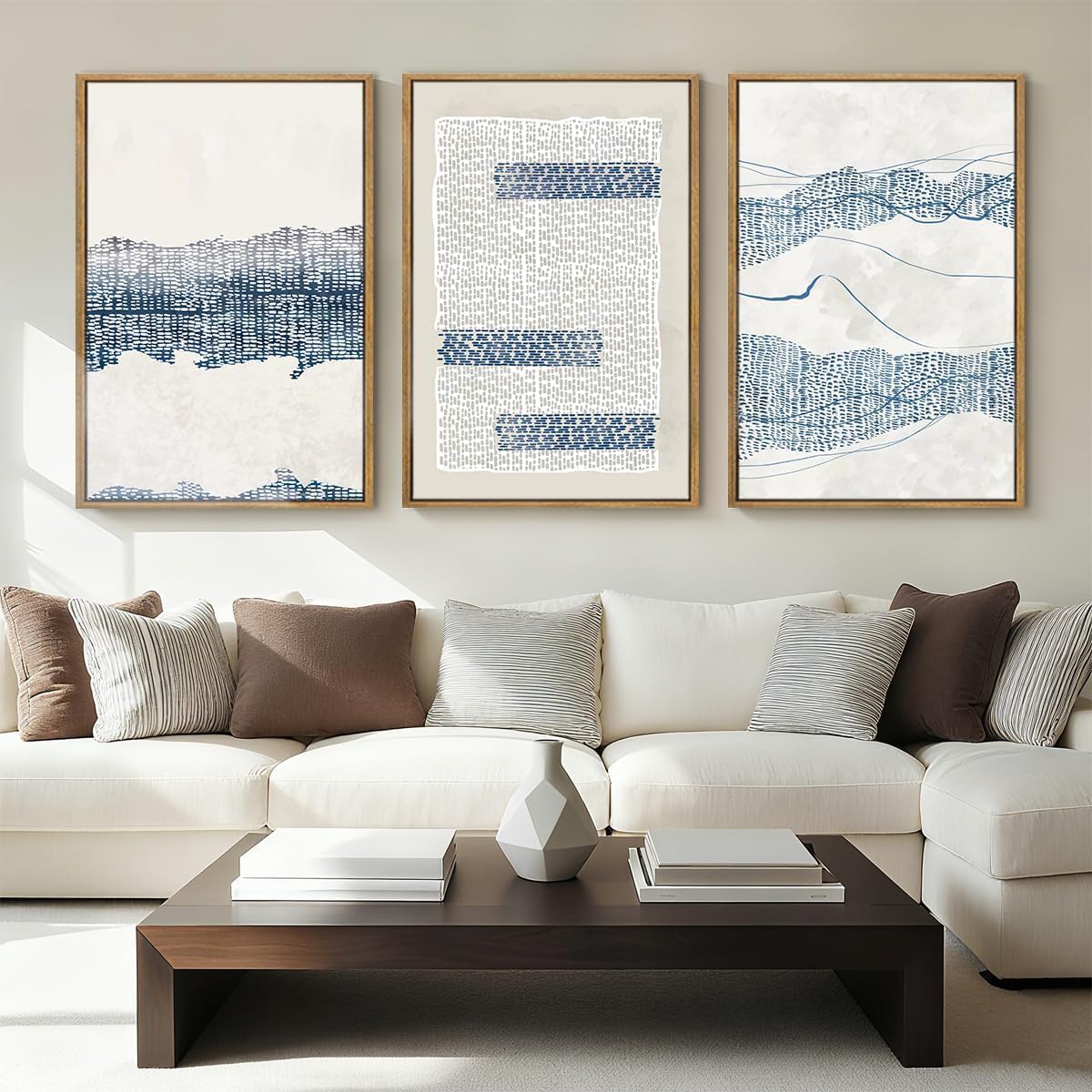 IARTTOP Large Blue Abstract Canvas Wall Art Framed 24x36 Inch Neutral Minimalist Modern Wall Art Mid Century Boho Artwork for Living Room Bedroom Office Set of 3