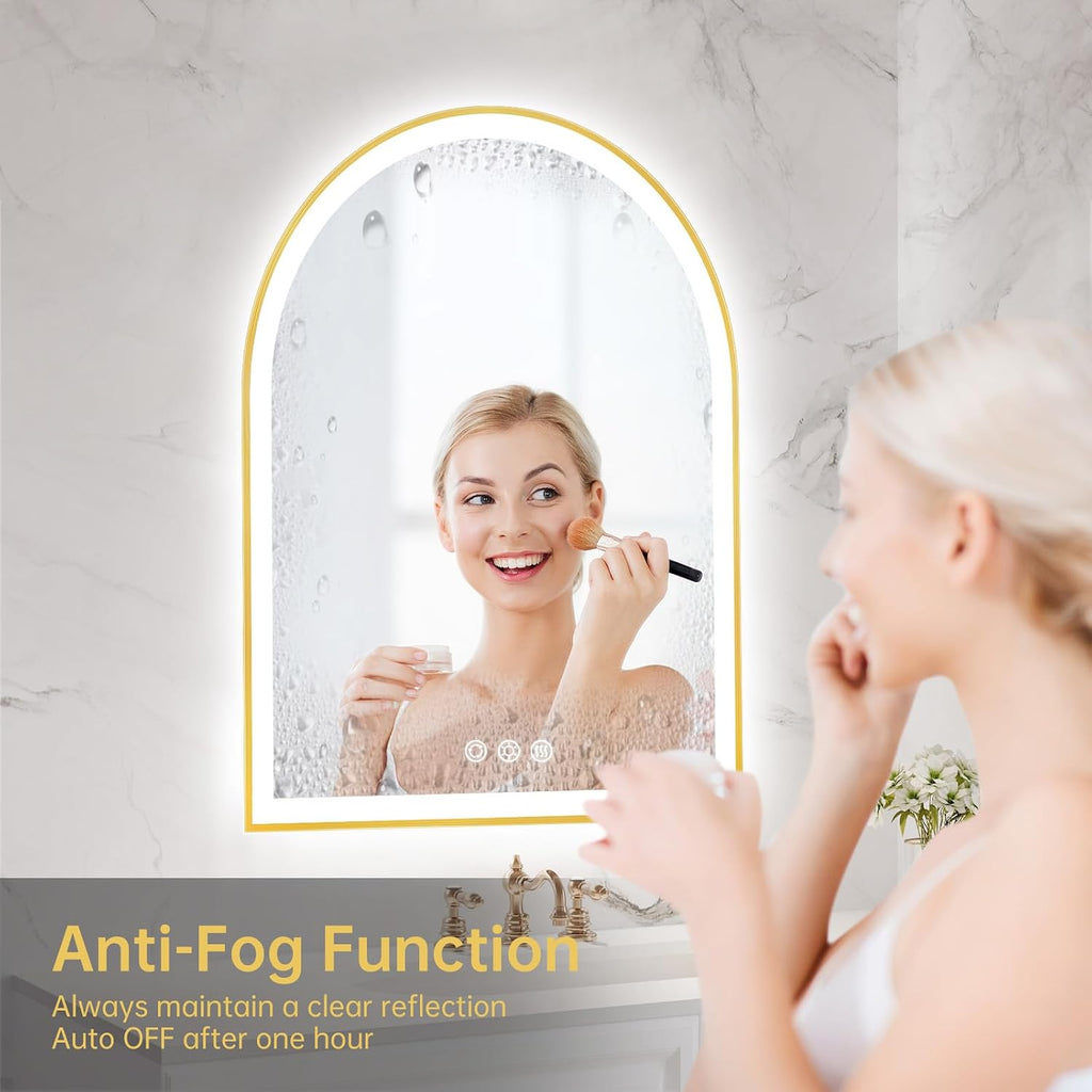 Arched LED Mirror for Bathroom 24'x30', Brushed Gold Lighted Bathroom Mirror with Lights, Fogless, Dimmable, Shatterproof, Touch Sensor, 3 Color Changing
