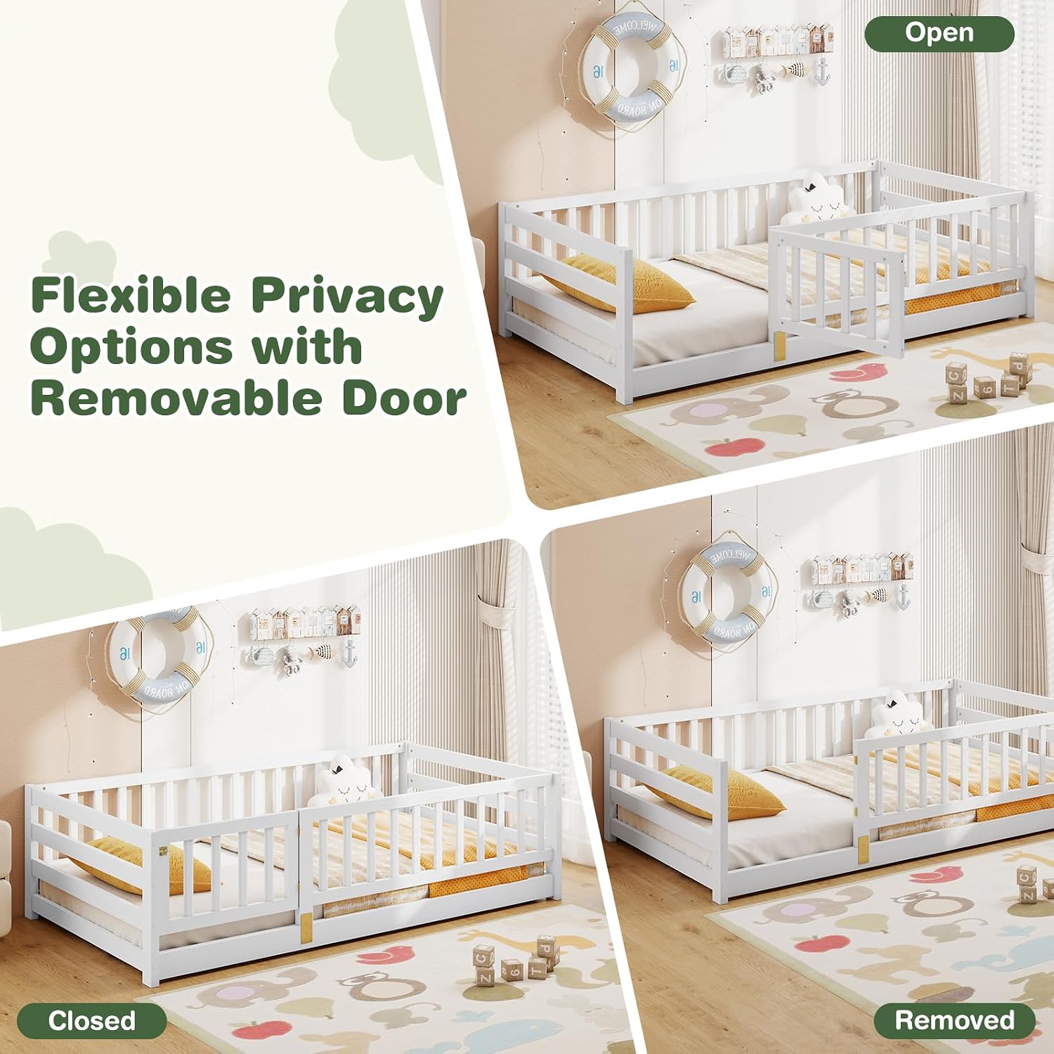 KOMFOTT Twin Size Wood Floor Bed with Door & 21.5' Fence, Montessori Bed Frame with Full Length Safety Guardrails, Door & Latch, Wooden Montessori Floor Bed for Kids, Girls, Boys