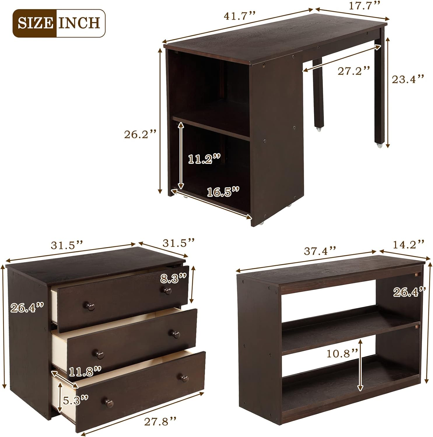 Bellemave Low Loft Bed Wood Loft Bed Frame with Storage Cabinet and Rolling Portable Desk for Kids and Teen, Boys, Girls, Twin,Espresso